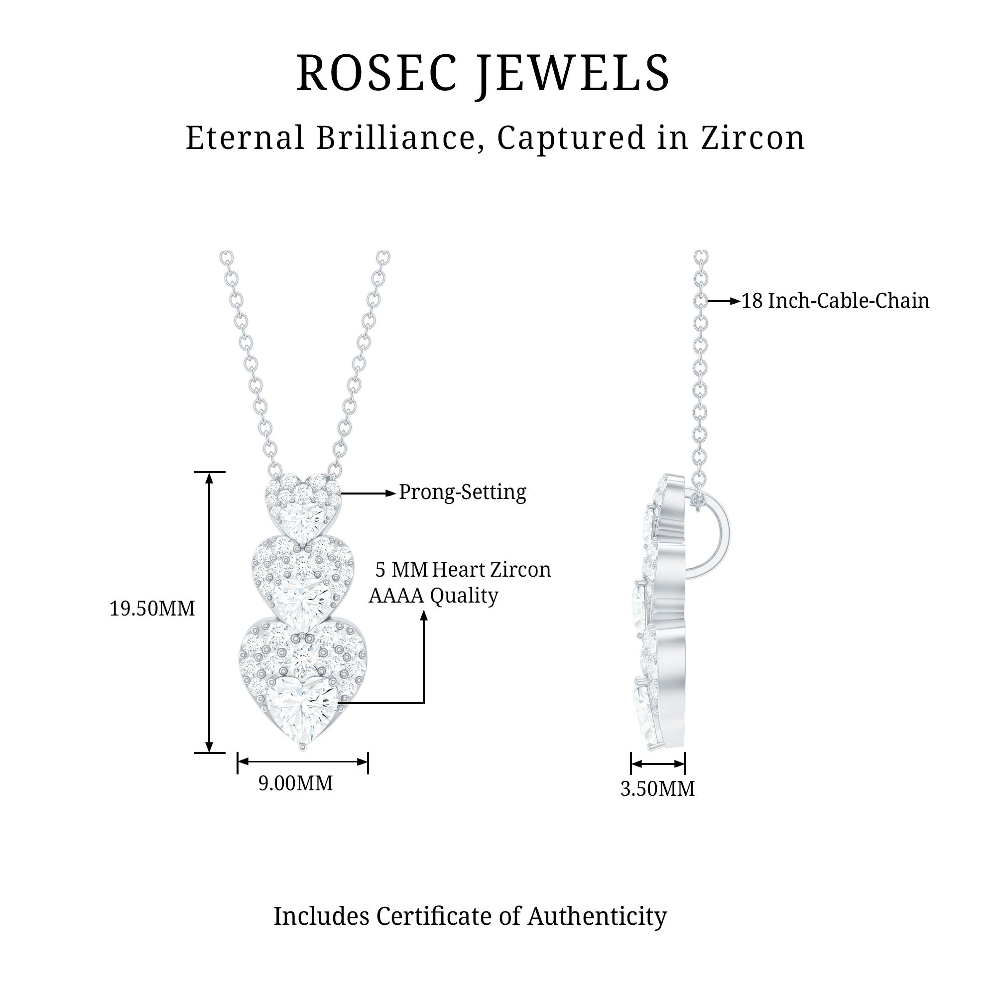 Certified Cubic Zirconia Heart Valentines Day Necklace for Women AAAA - Rosec Jewels