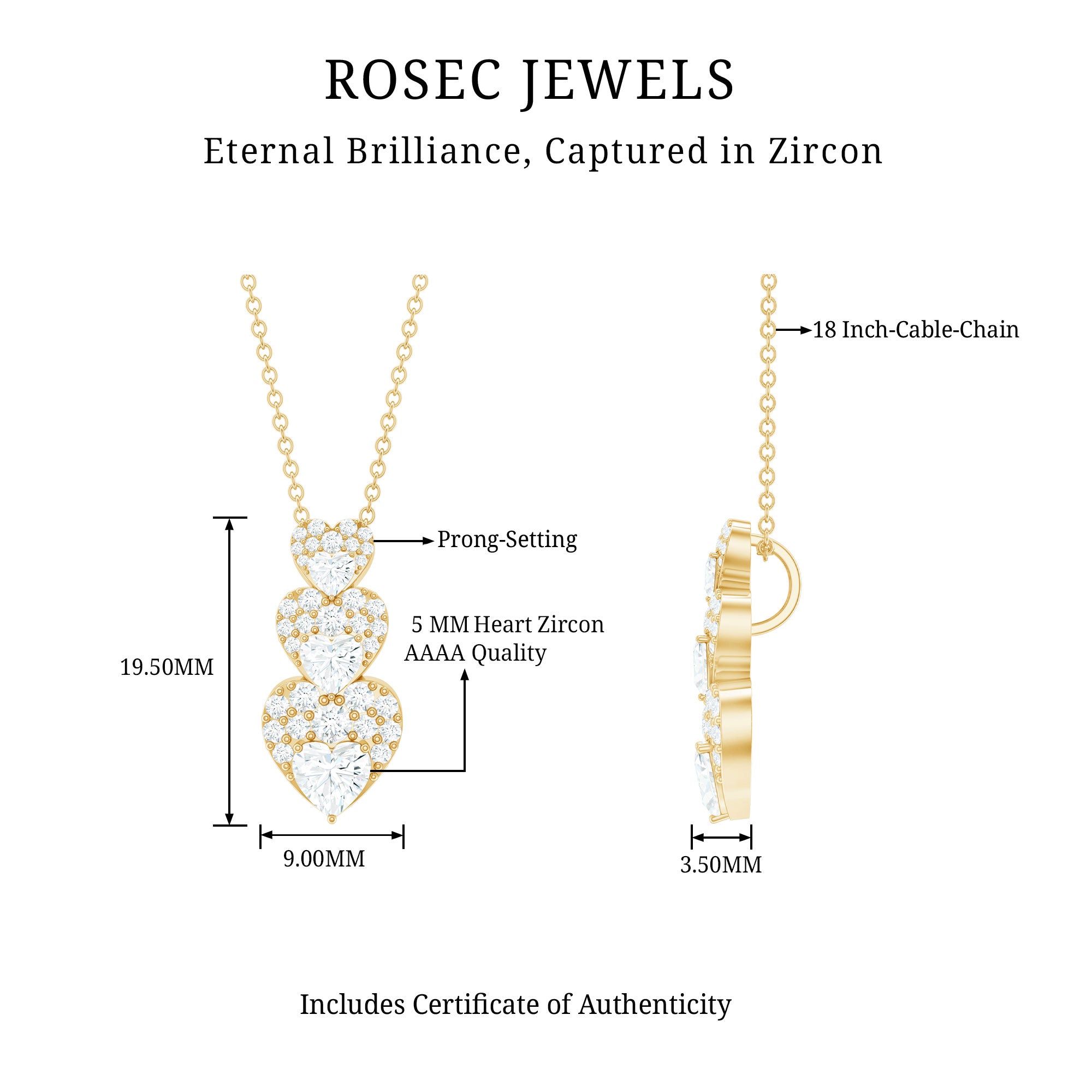 Certified Cubic Zirconia Heart Valentines Day Necklace for Women AAAA - Rosec Jewels