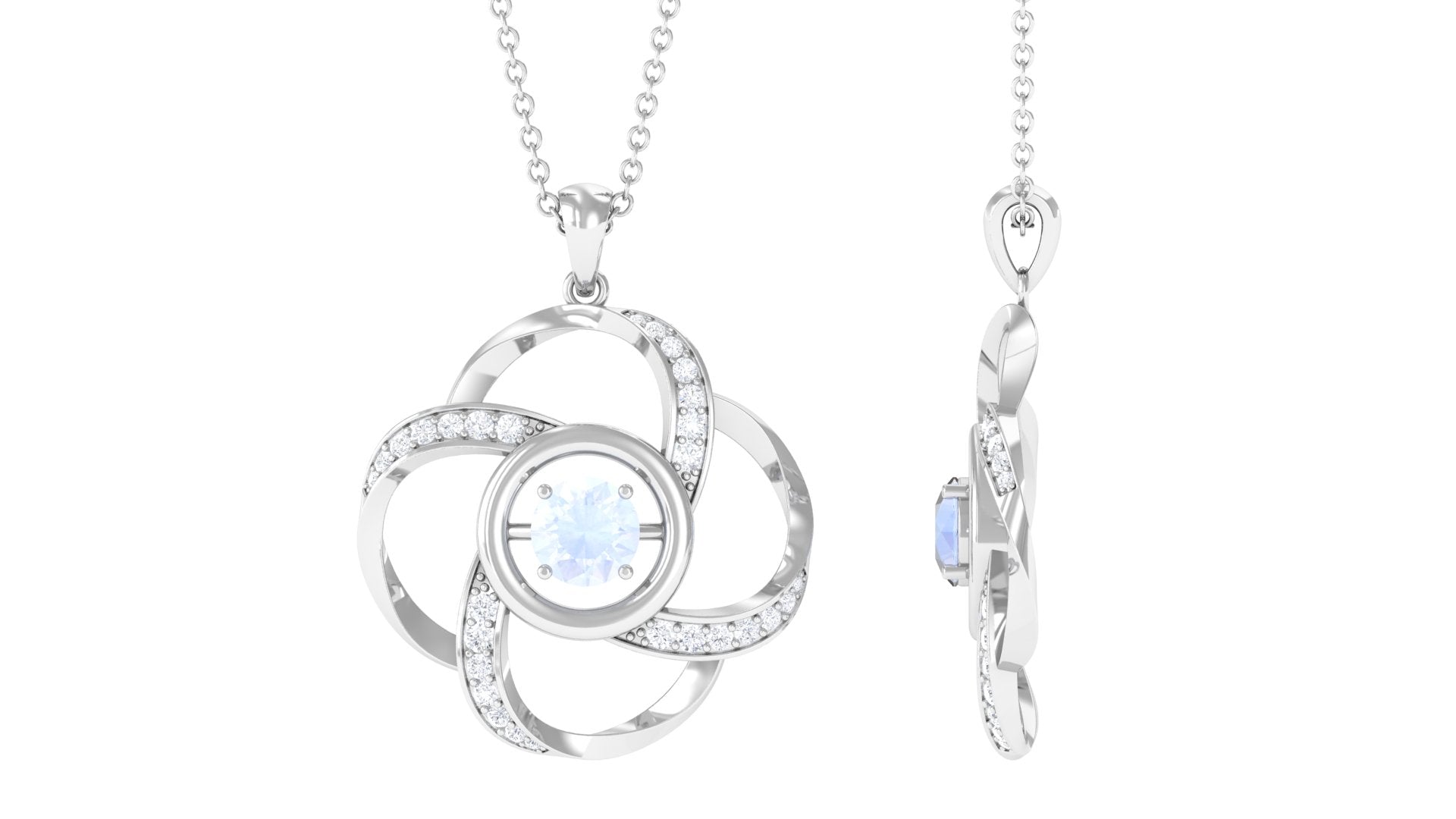 Modern Flower Pendant with Round Moonstone and Diamond