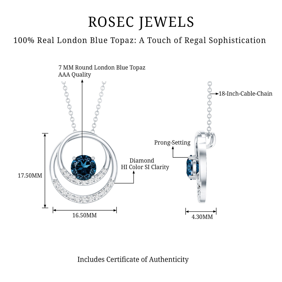 Round London Blue Topaz and Diamond Interlocking Circle Necklace AAA - Rosec Jewels