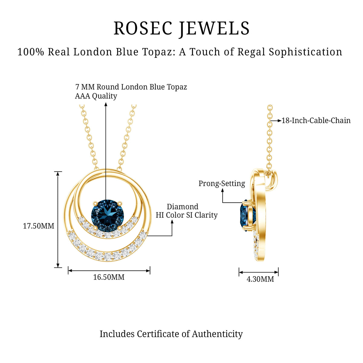 Round London Blue Topaz and Diamond Interlocking Circle Necklace AAA - Rosec Jewels