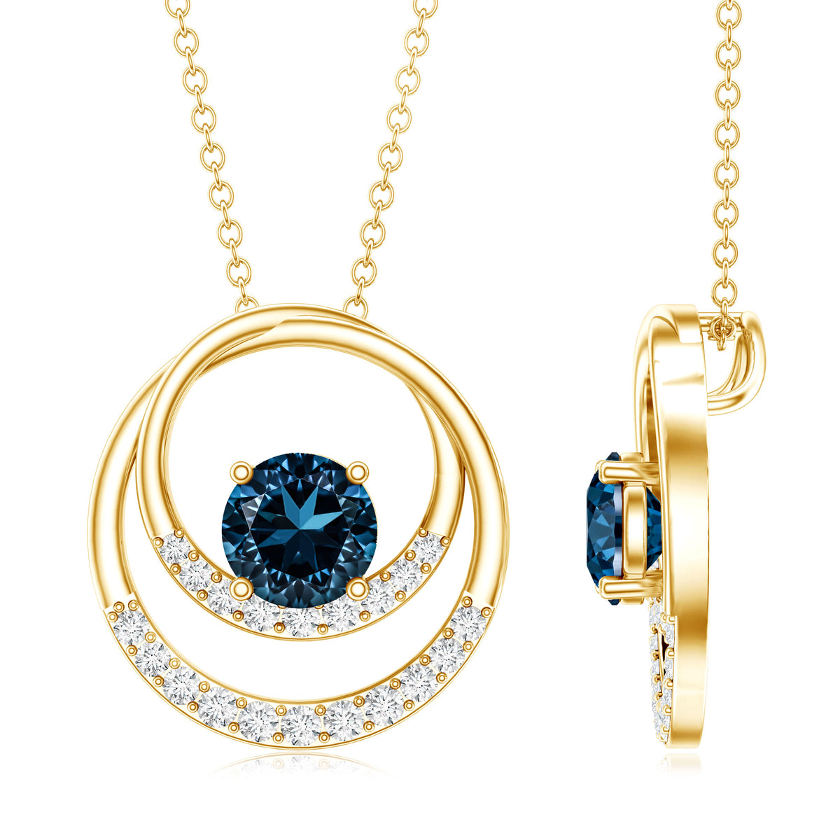 Round London Blue Topaz and Diamond Interlocking Circle Necklace AAA - Rosec Jewels