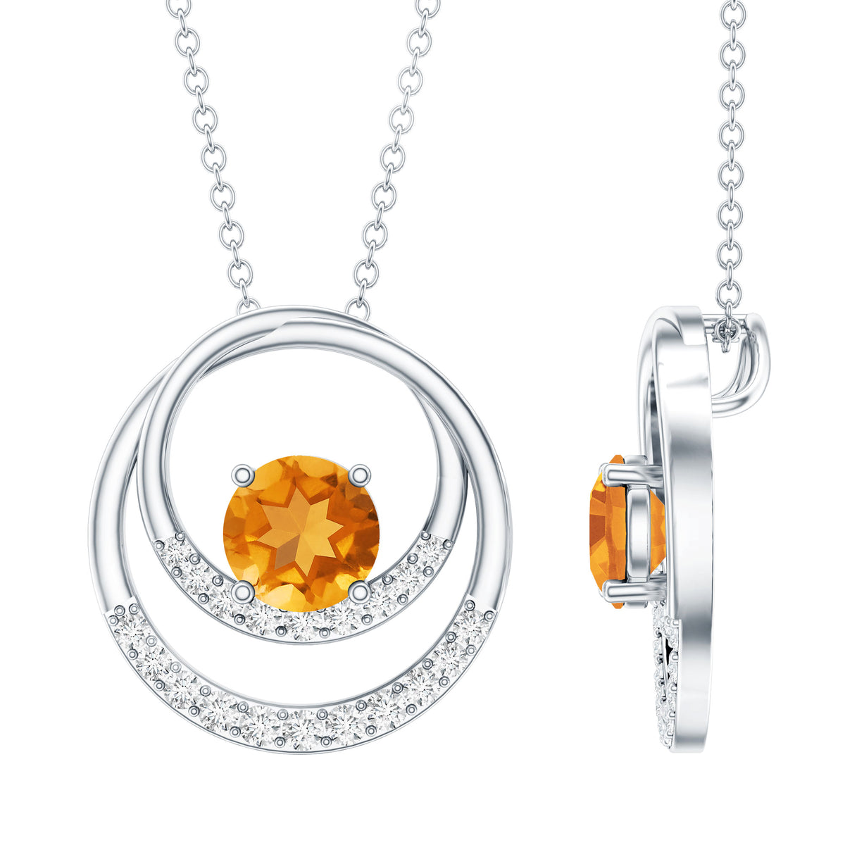 Natural 1.2 Carat Citrine Circle in Circle Necklace with Diamond AAA - Rosec Jewels