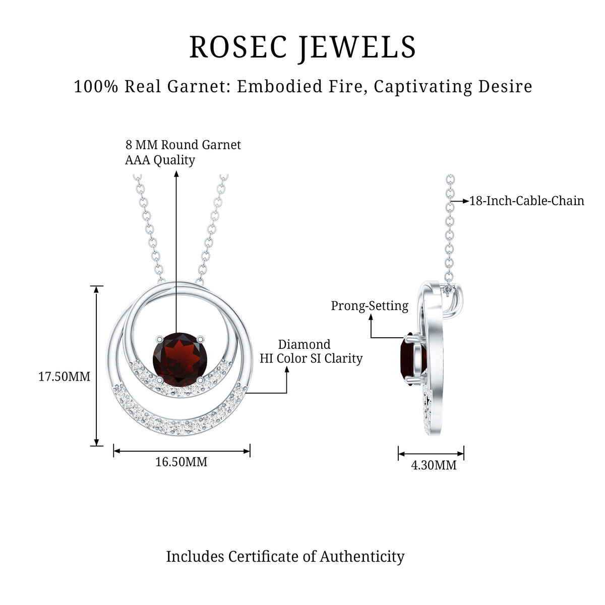 Garnet and Diamond Promise Eternity Pendant Necklace AAA - Rosec Jewels
