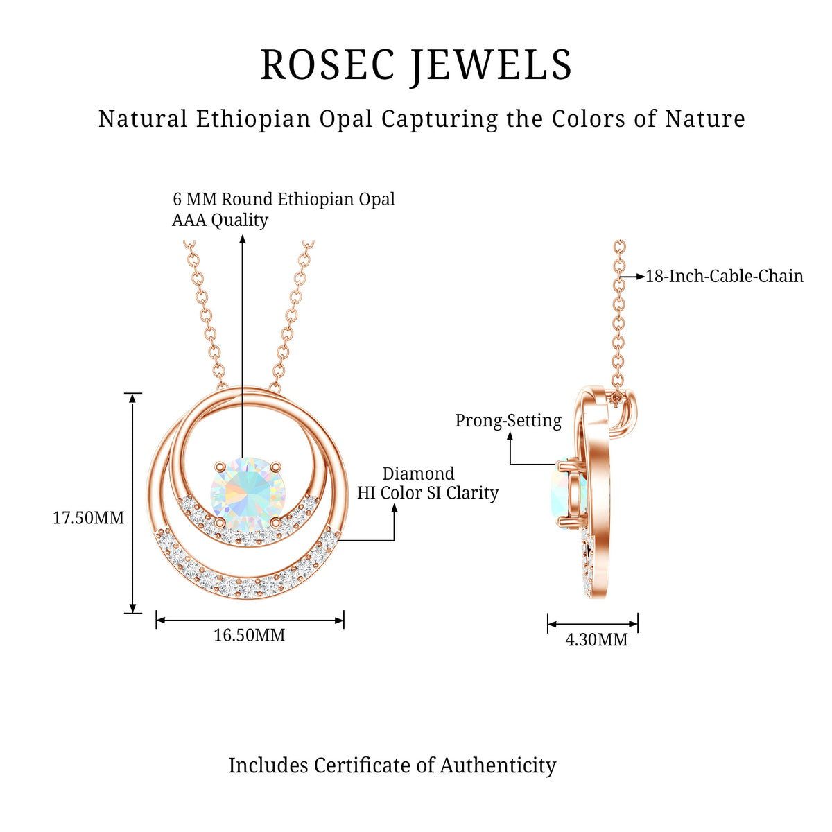 Natural Ethiopian Opal Double Circle Pendant Necklace with Diamond AAA - Rosec Jewels