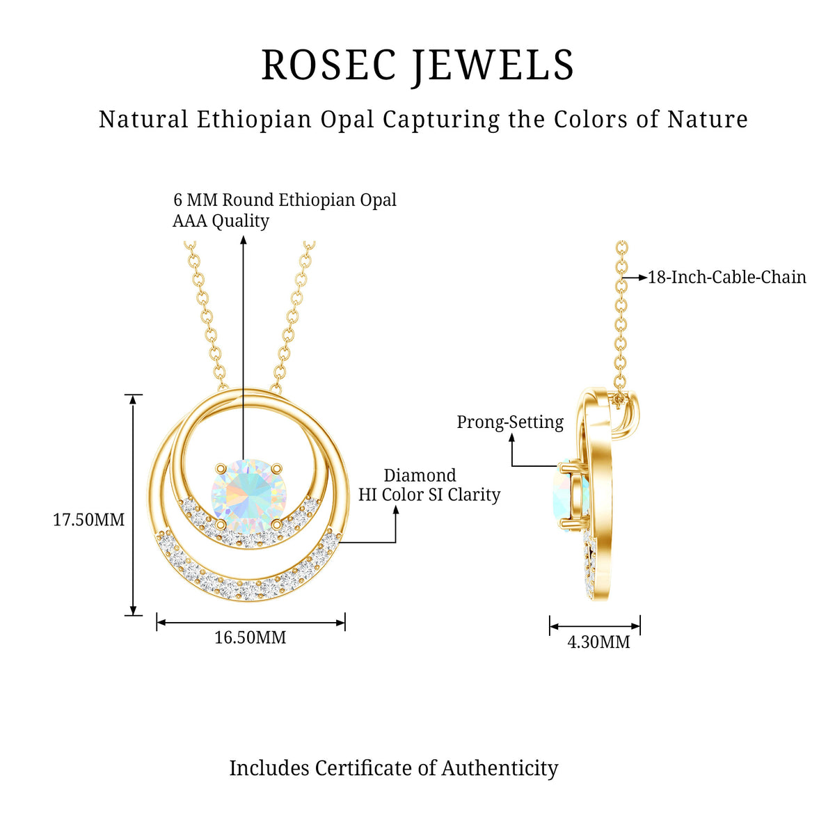 Natural Ethiopian Opal Double Circle Pendant Necklace with Diamond AAA - Rosec Jewels