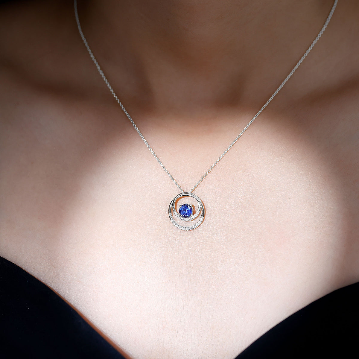 Lab Grown Blue Sapphire and Moissanite Promise Necklace AAAA - Rosec Jewels