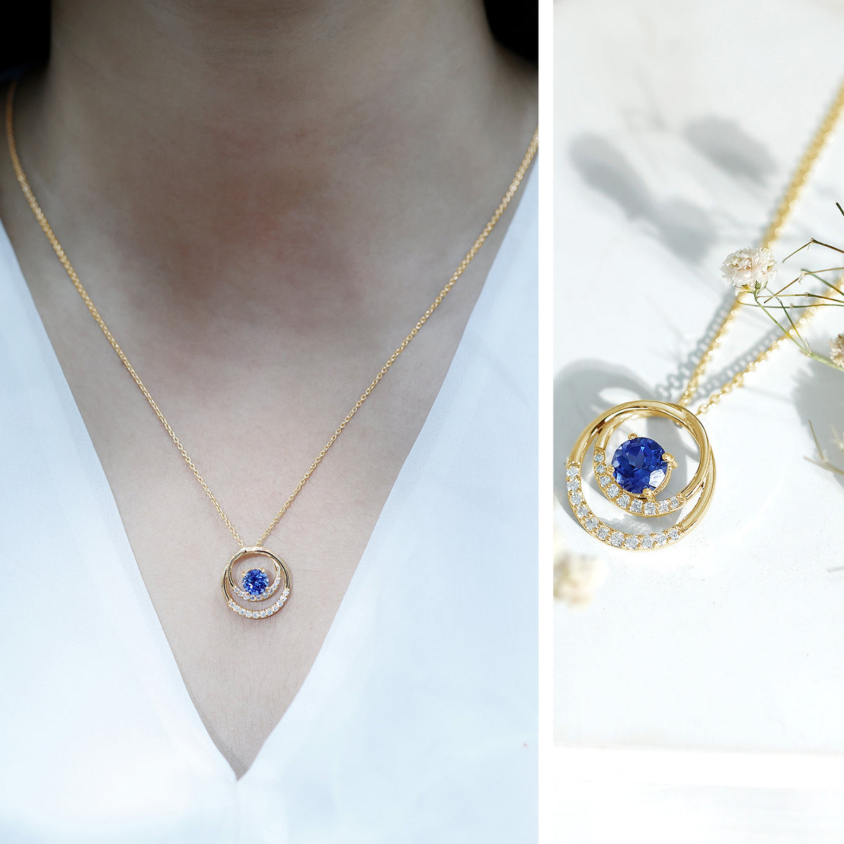 Lab Grown Blue Sapphire and Moissanite Promise Necklace AAAA - Rosec Jewels