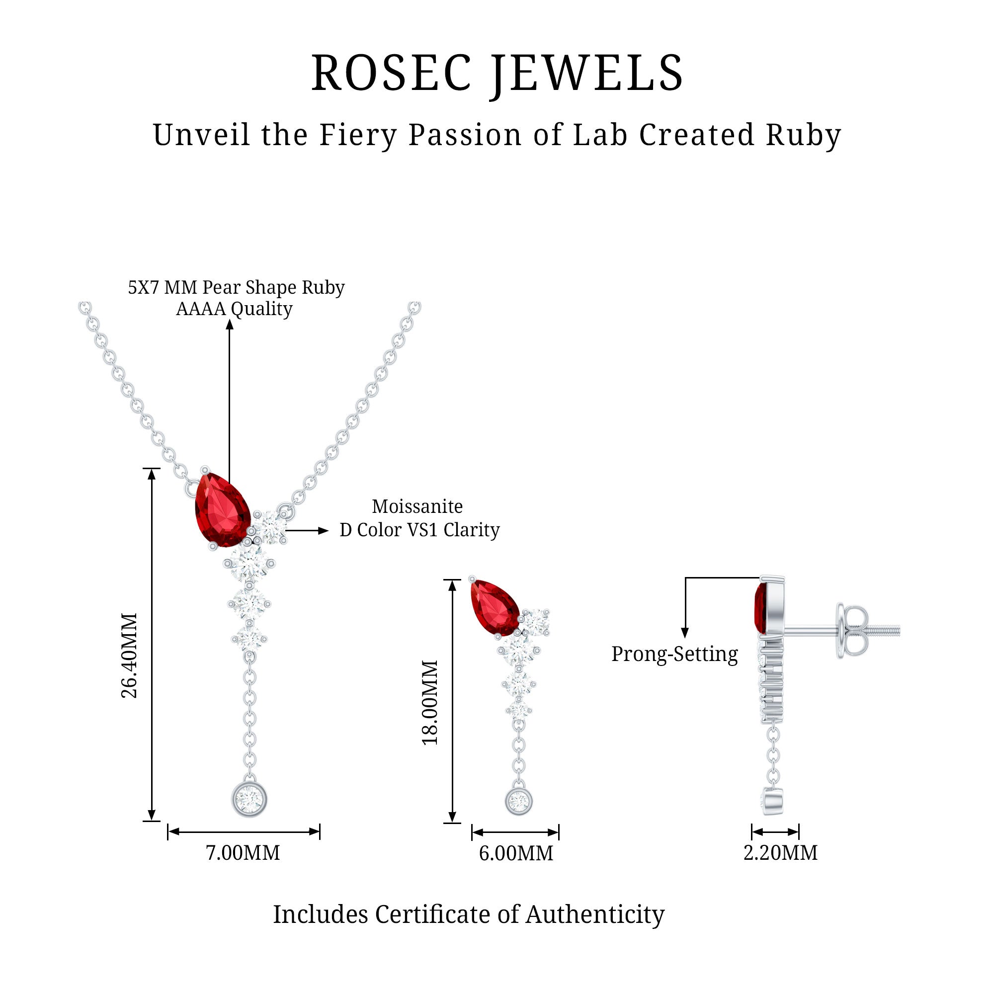 1.75 Carat Lab Grown Ruby Bridal Necklace and Earrings Set AAAA - Rosec Jewels