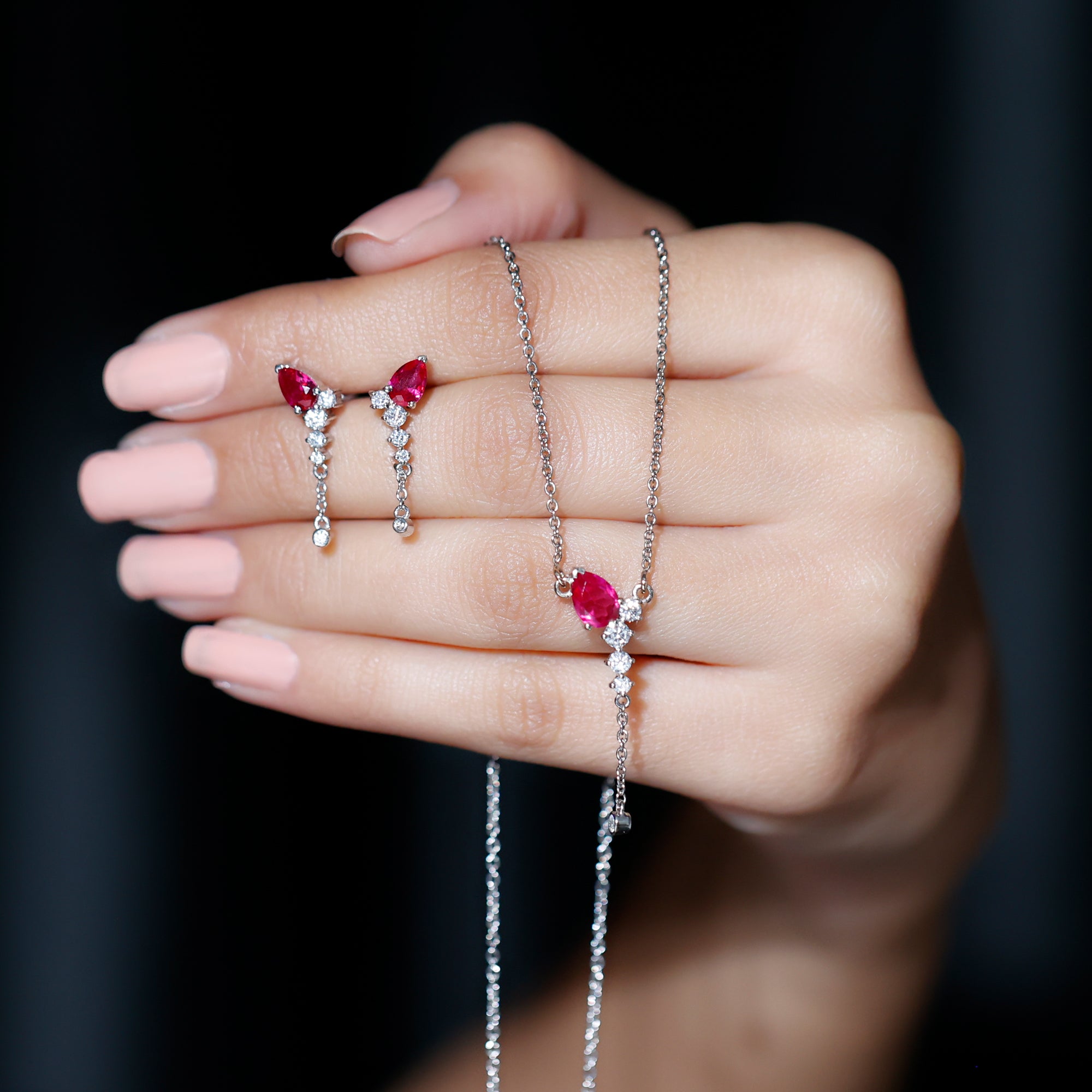 1.75 Carat Lab Grown Ruby Bridal Necklace and Earrings Set AAAA - Rosec Jewels