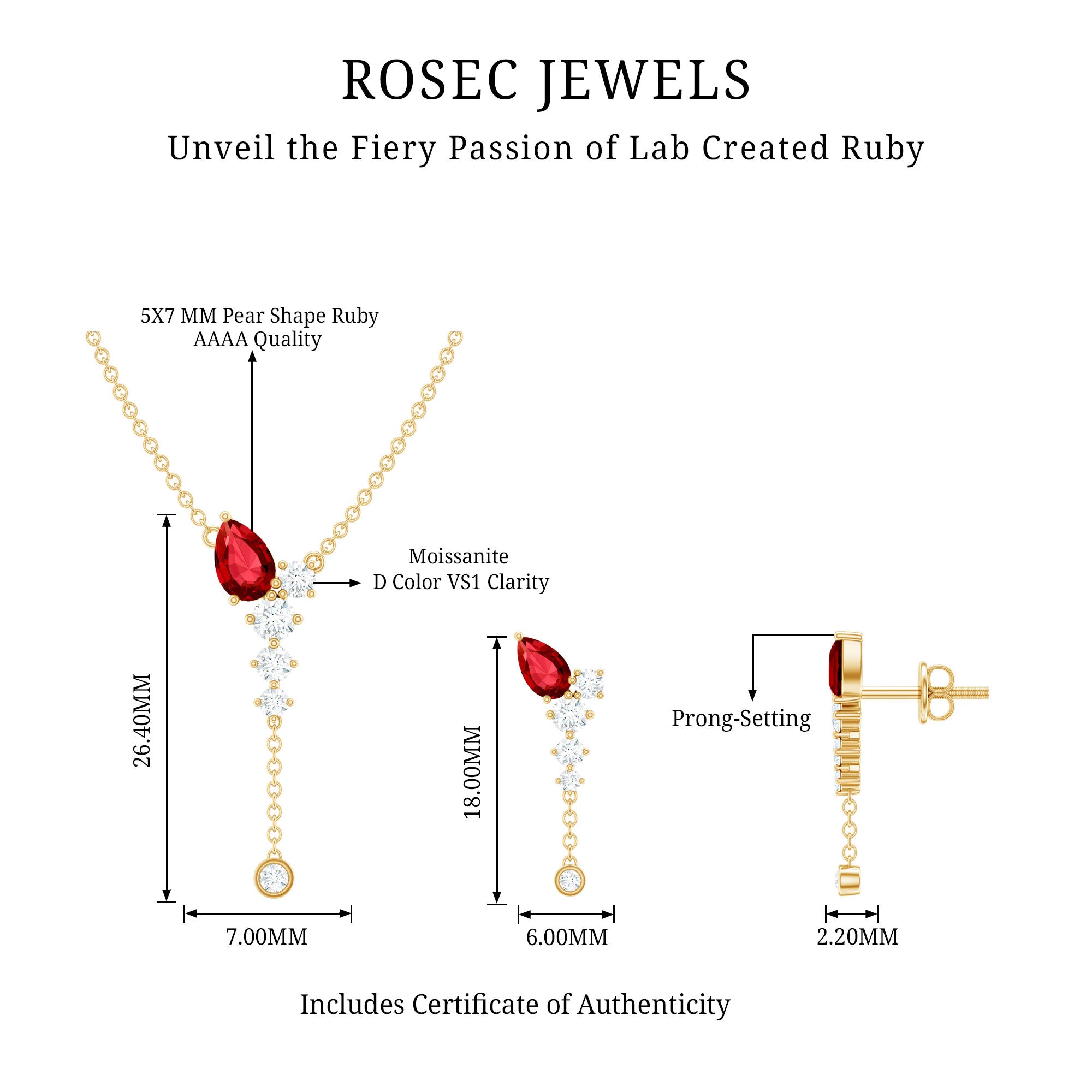 1.75 Carat Lab Grown Ruby Bridal Necklace and Earrings Set AAAA - Rosec Jewels
