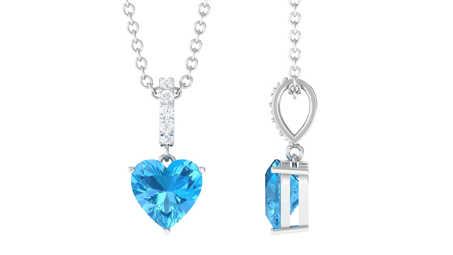 Simple Heart Shape Swiss Blue Topaz Solitaire Pendant with Diamond Accent Bail