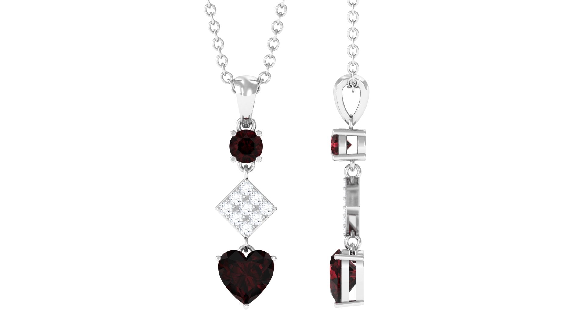 Round and Heart Shape Garnet and Diamond Drop Pendant Necklace