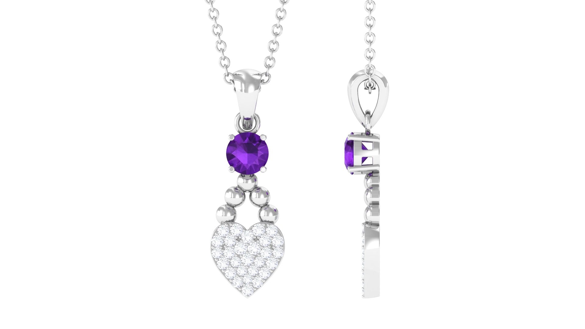Round Shape Amethyst and Diamond Heart Pendant