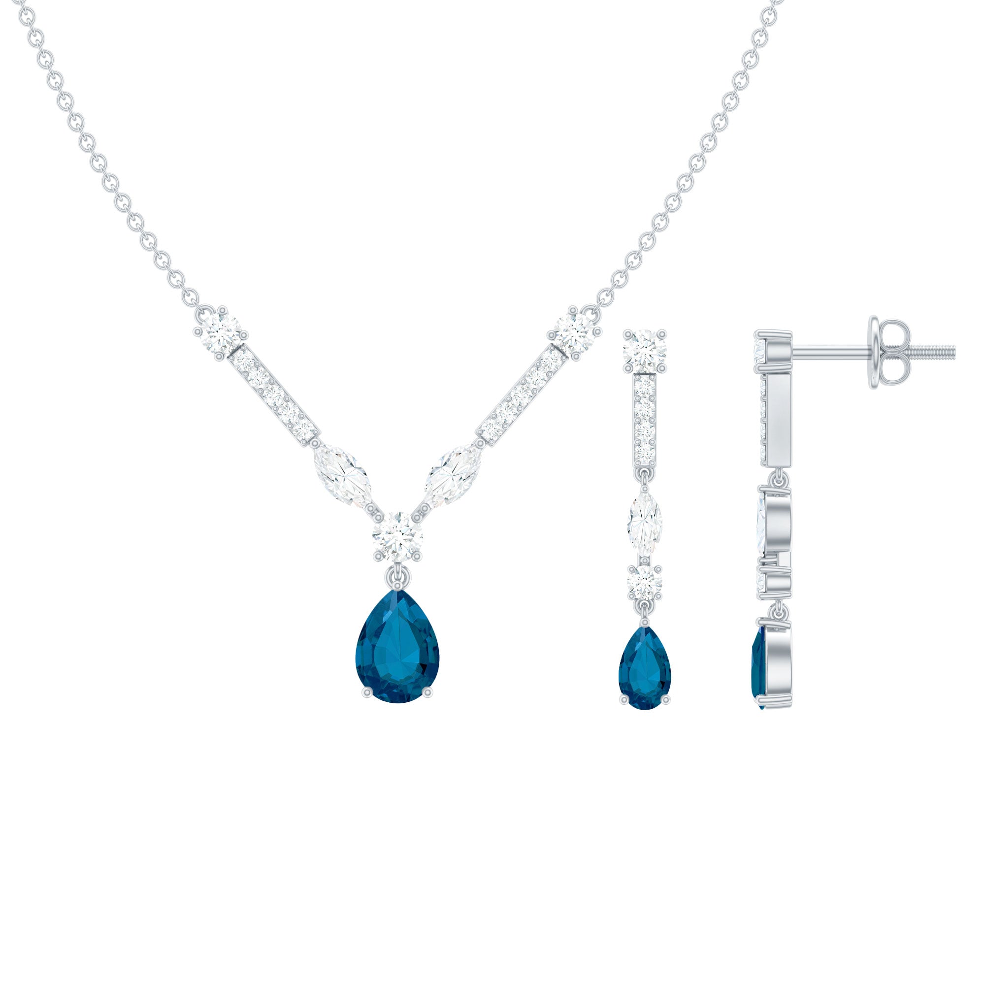 London Blue Topaz en Moissanite drop ketting oorbellen set