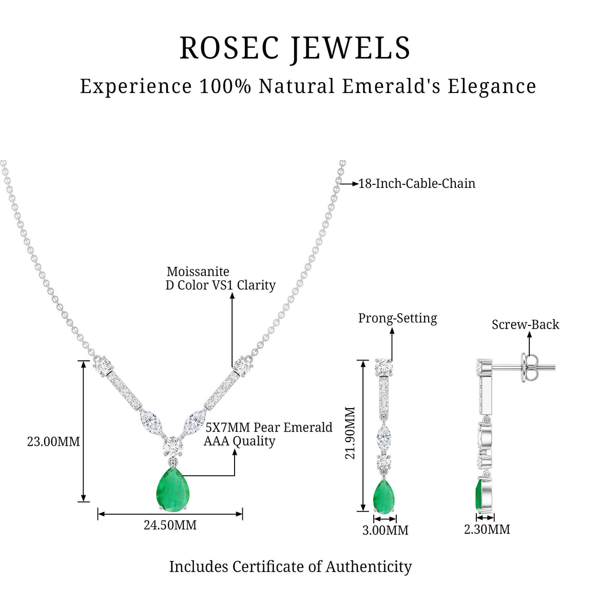Certified Real Emerald Bridal Necklace and Earrings Set AAA - Rosec Jewels