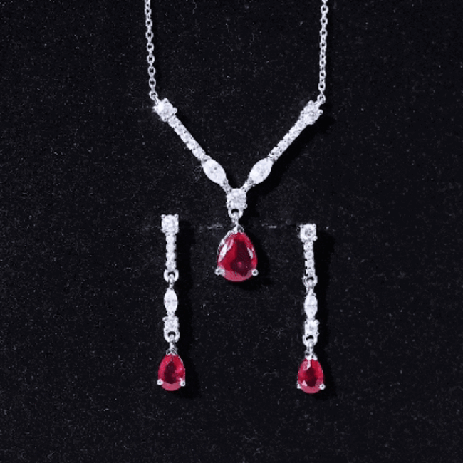 Lab Created Ruby and Moissanite Teardrop Necklace Earrings Set AAAA - Rosec Jewels