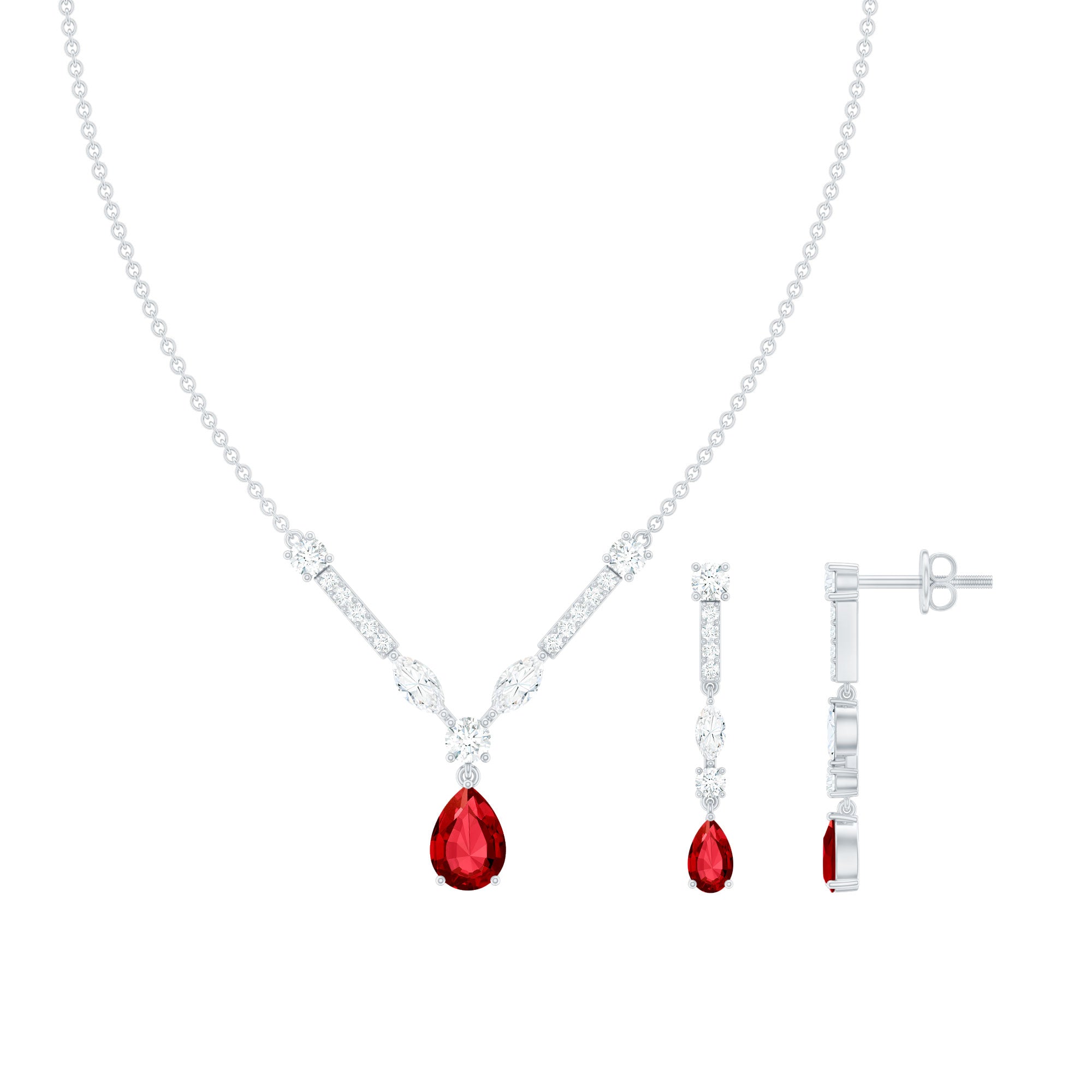 Lab Created Ruby and Moissanite Teardrop Necklace Earrings Set AAAA - Rosec Jewels