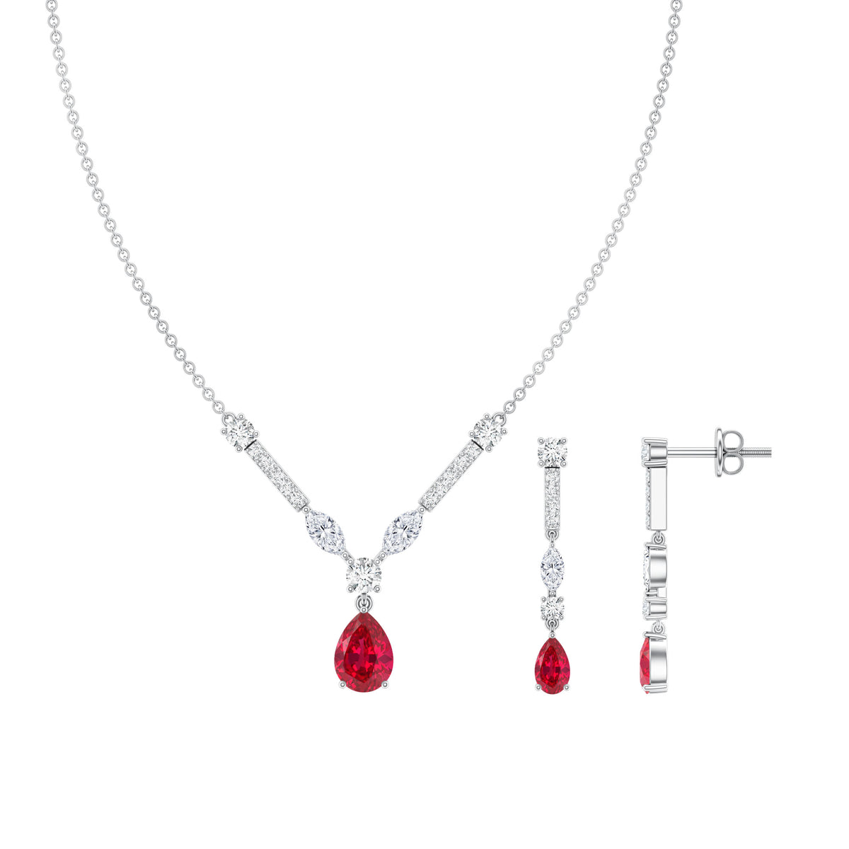 Lab Created Ruby and Moissanite Teardrop Necklace Earrings Set AAAA - Rosec Jewels