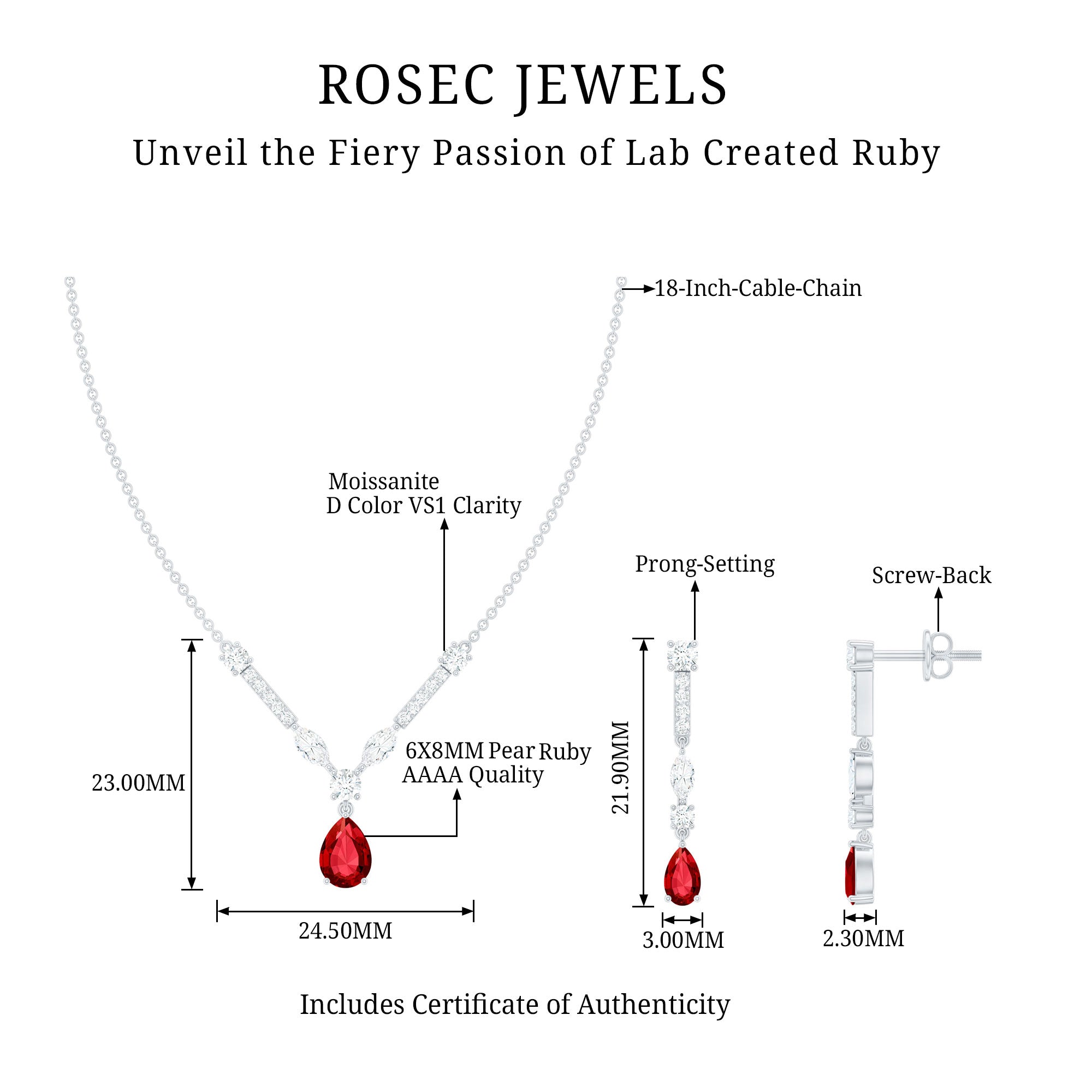 Lab Created Ruby and Moissanite Teardrop Necklace Earrings Set AAAA - Rosec Jewels