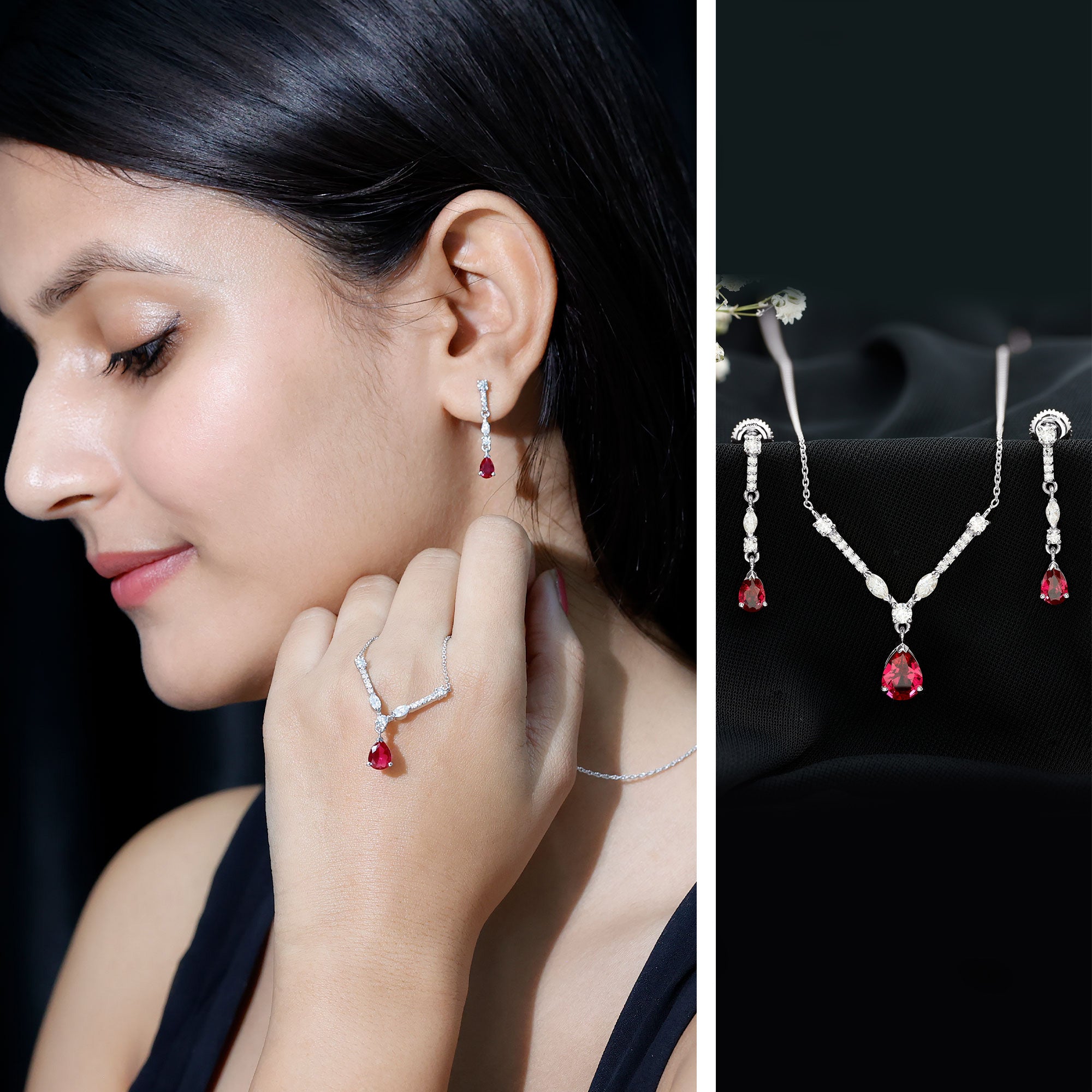 Lab Created Ruby and Moissanite Teardrop Necklace Earrings Set AAAA - Rosec Jewels
