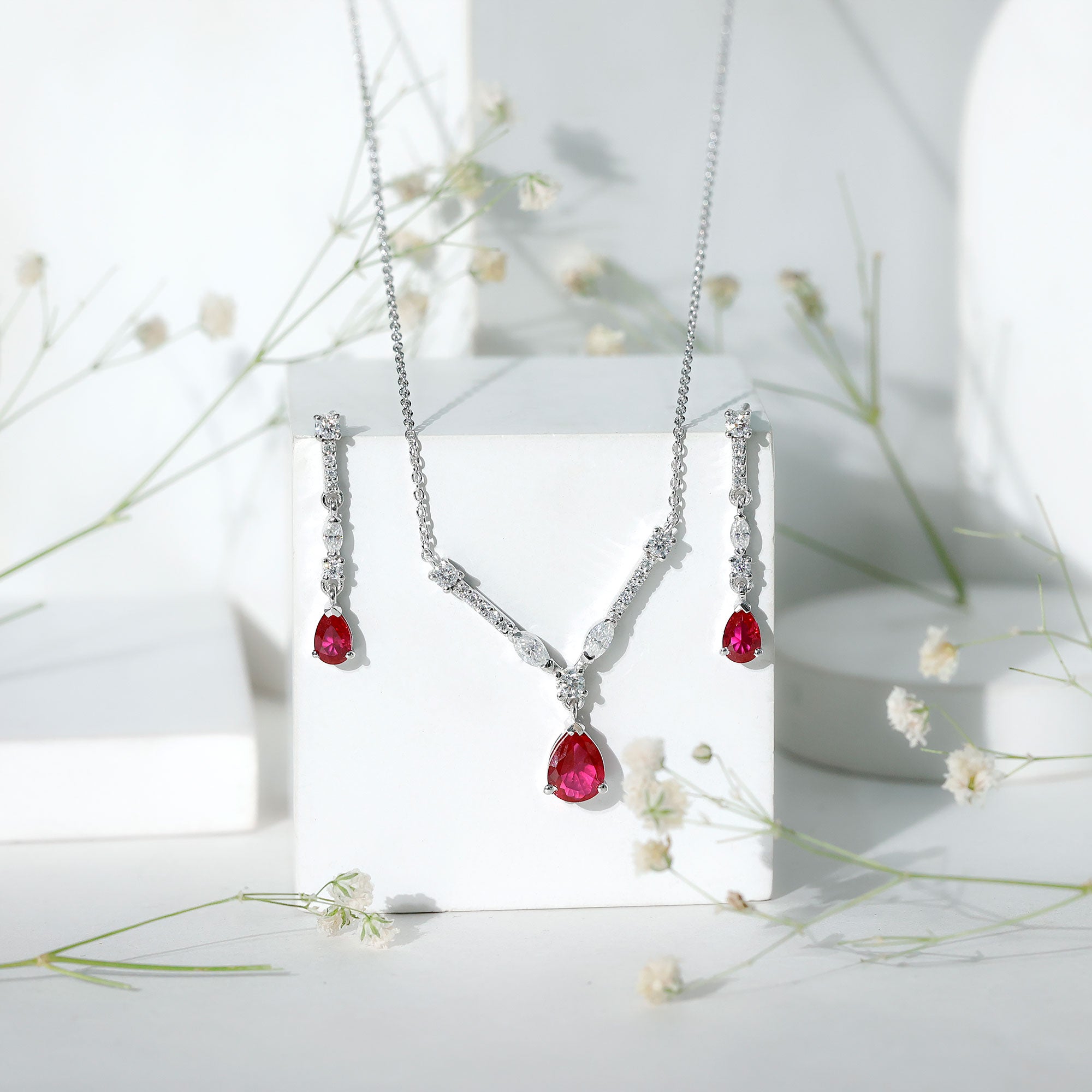 Lab Created Ruby and Moissanite Teardrop Necklace Earrings Set AAAA - Rosec Jewels