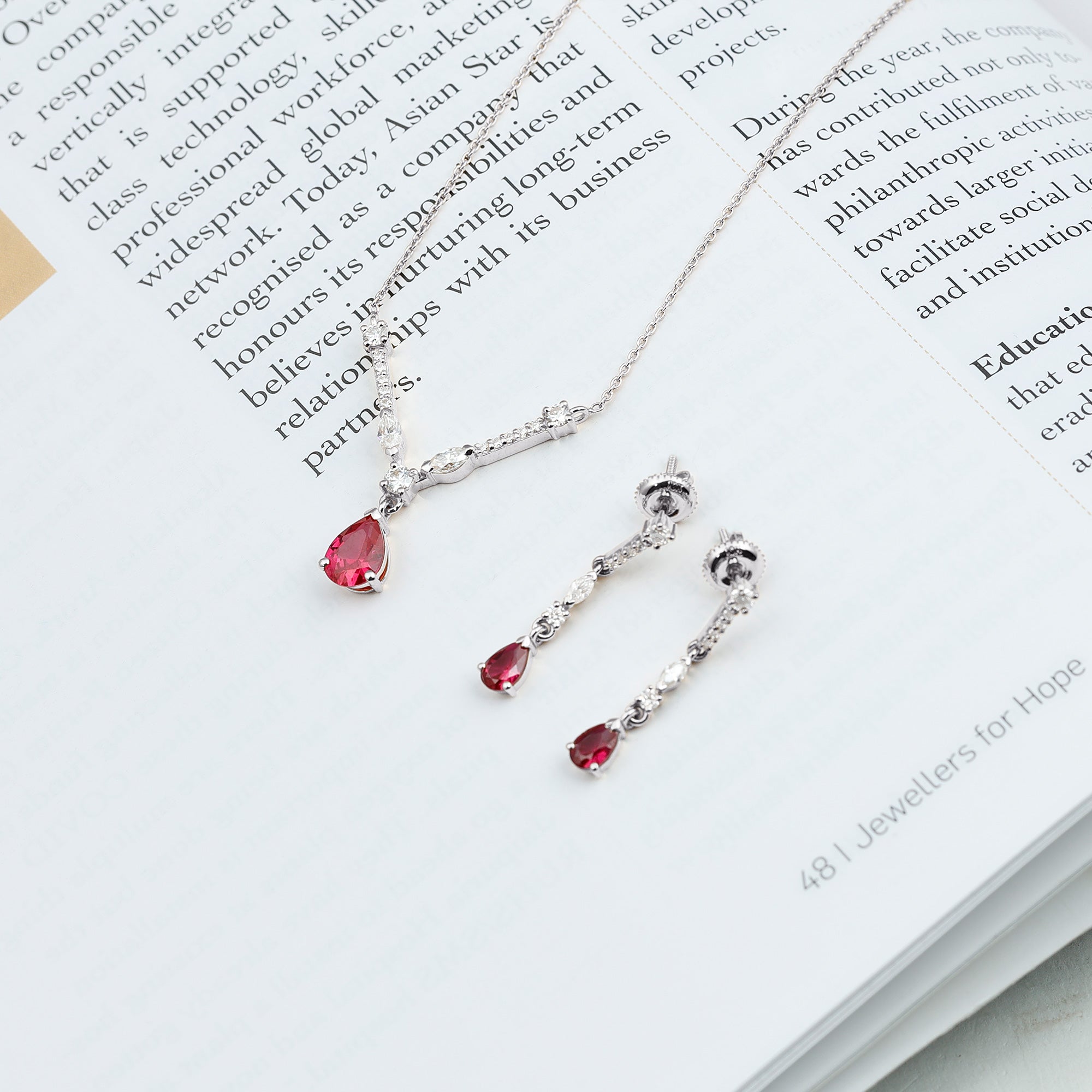 Lab Created Ruby and Moissanite Teardrop Necklace Earrings Set AAAA - Rosec Jewels