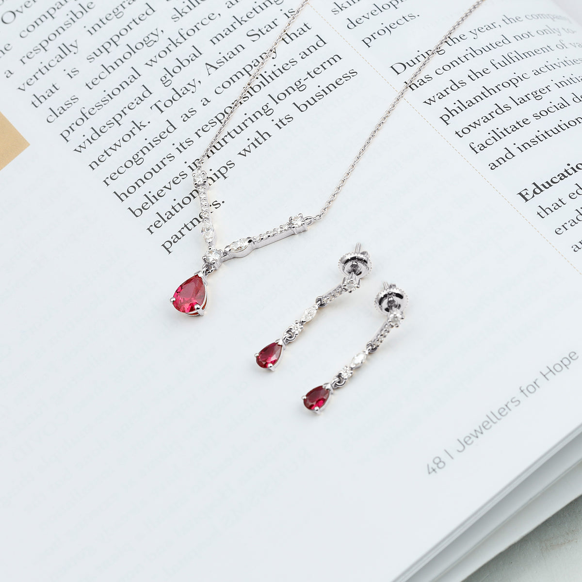 Lab Created Ruby and Moissanite Teardrop Necklace Earrings Set AAAA - Rosec Jewels