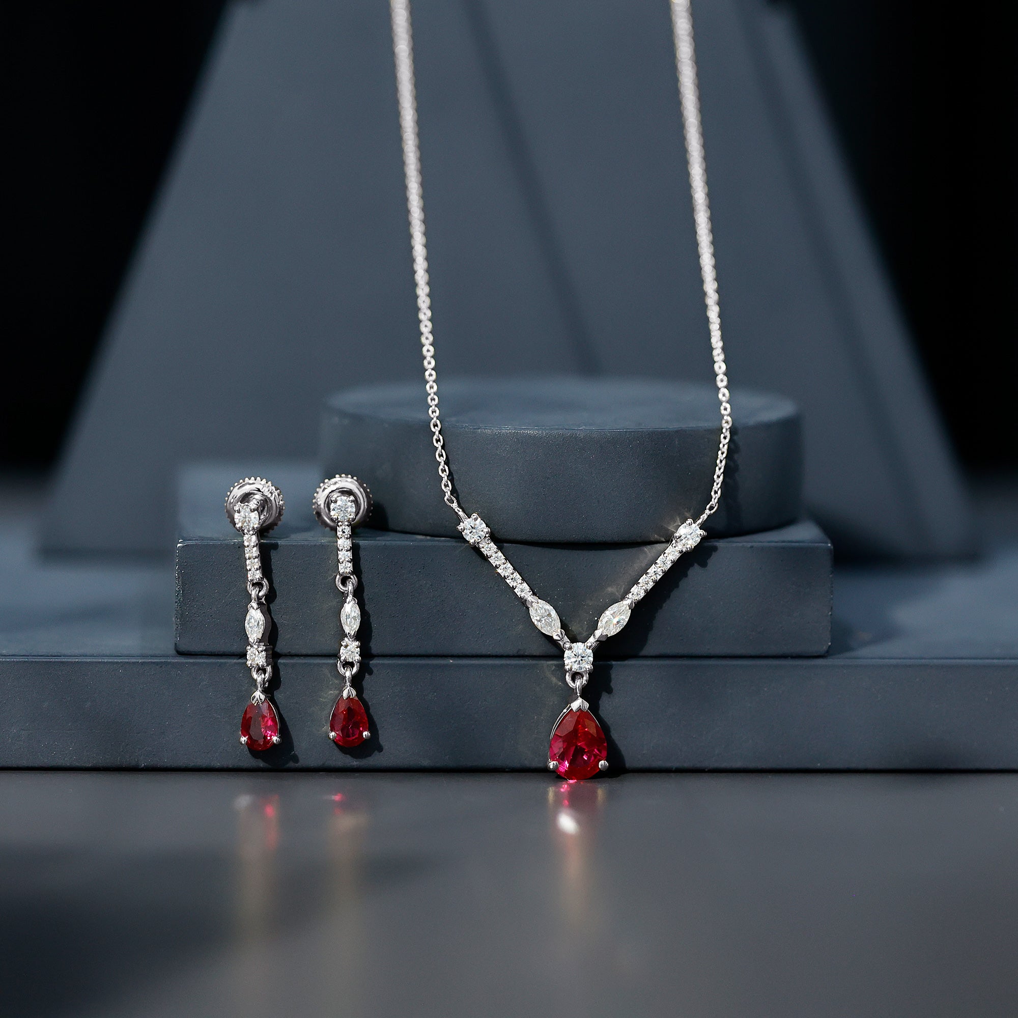 Lab Created Ruby and Moissanite Teardrop Necklace Earrings Set AAAA - Rosec Jewels
