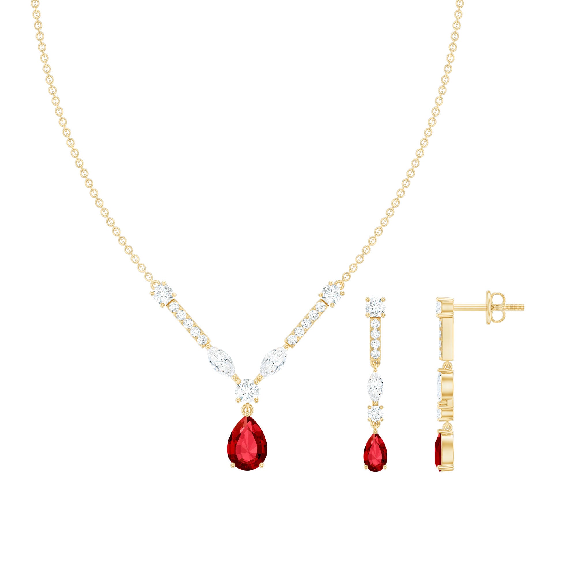 Lab Created Ruby and Moissanite Teardrop Necklace Earrings Set AAAA - Rosec Jewels