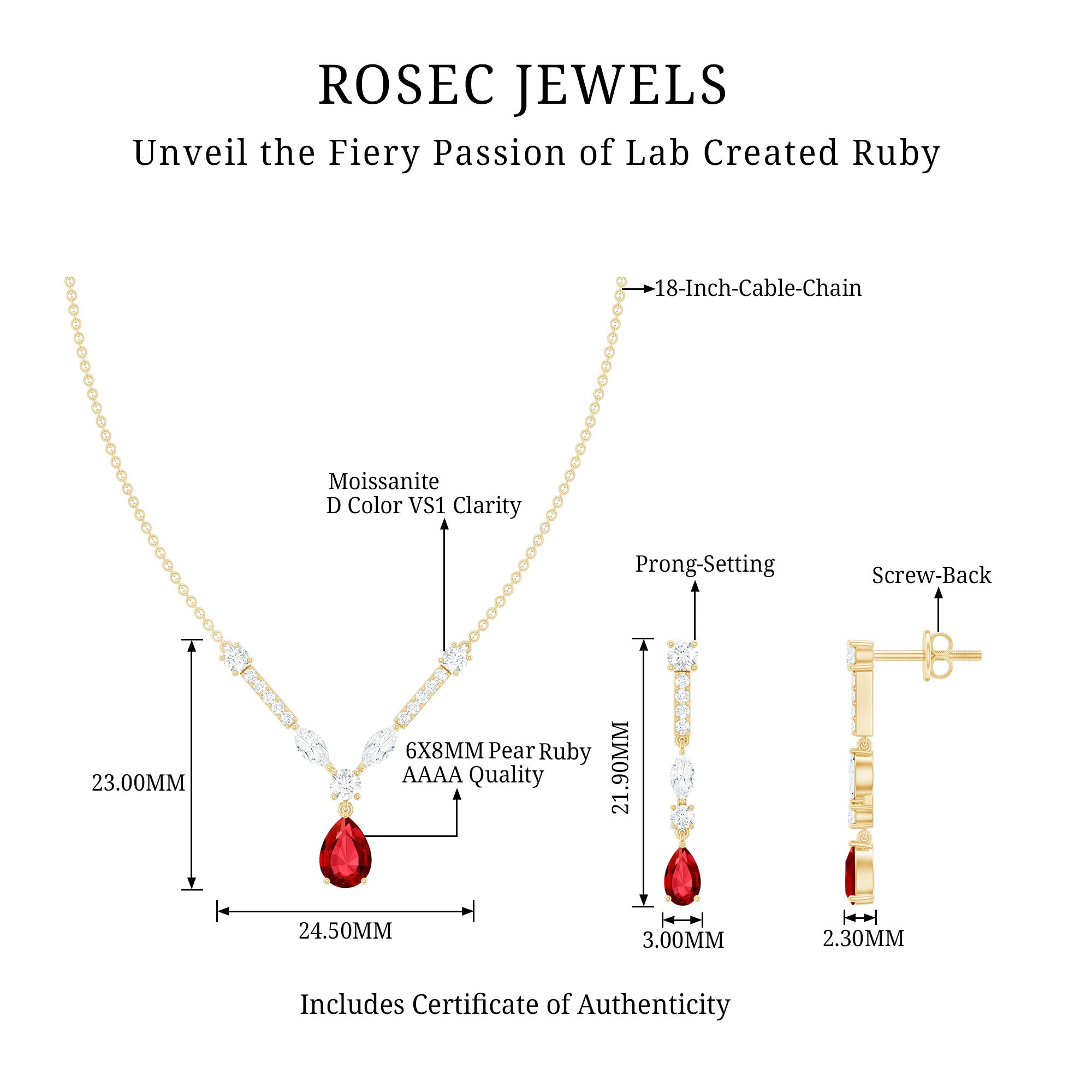 Lab Created Ruby and Moissanite Teardrop Necklace Earrings Set AAAA - Rosec Jewels