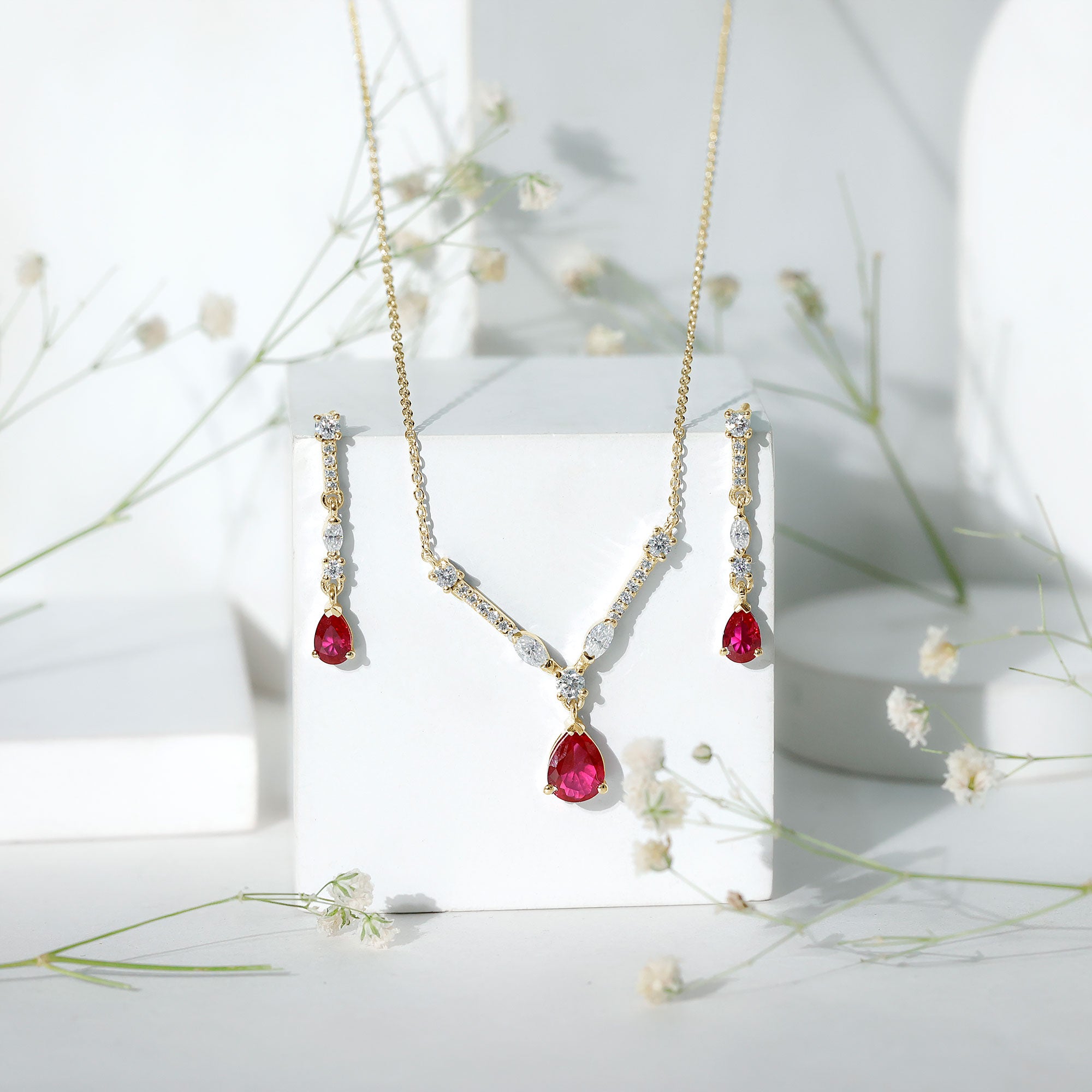 Lab Created Ruby and Moissanite Teardrop Necklace Earrings Set AAAA - Rosec Jewels