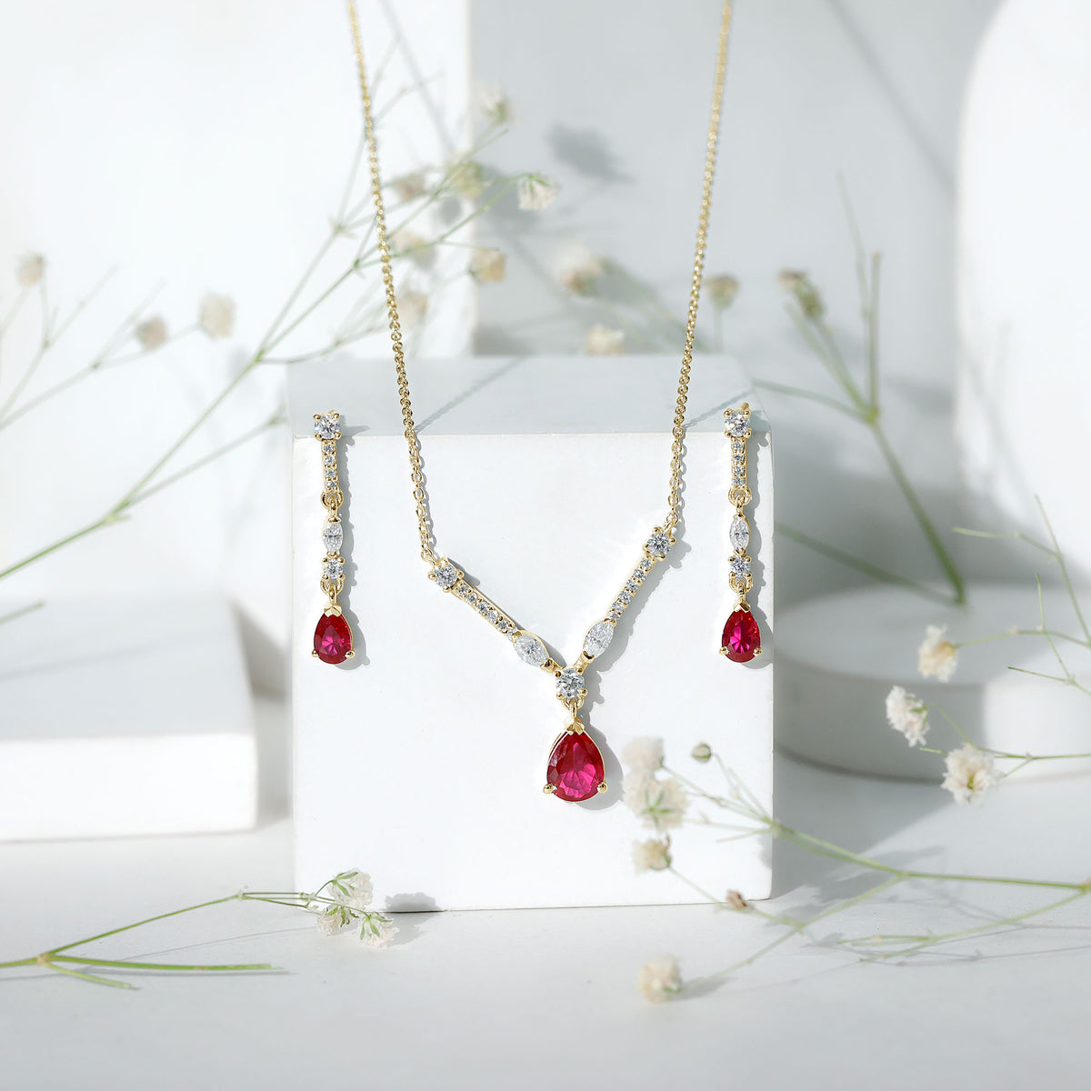 Lab Created Ruby and Moissanite Teardrop Necklace Earrings Set AAAA - Rosec Jewels