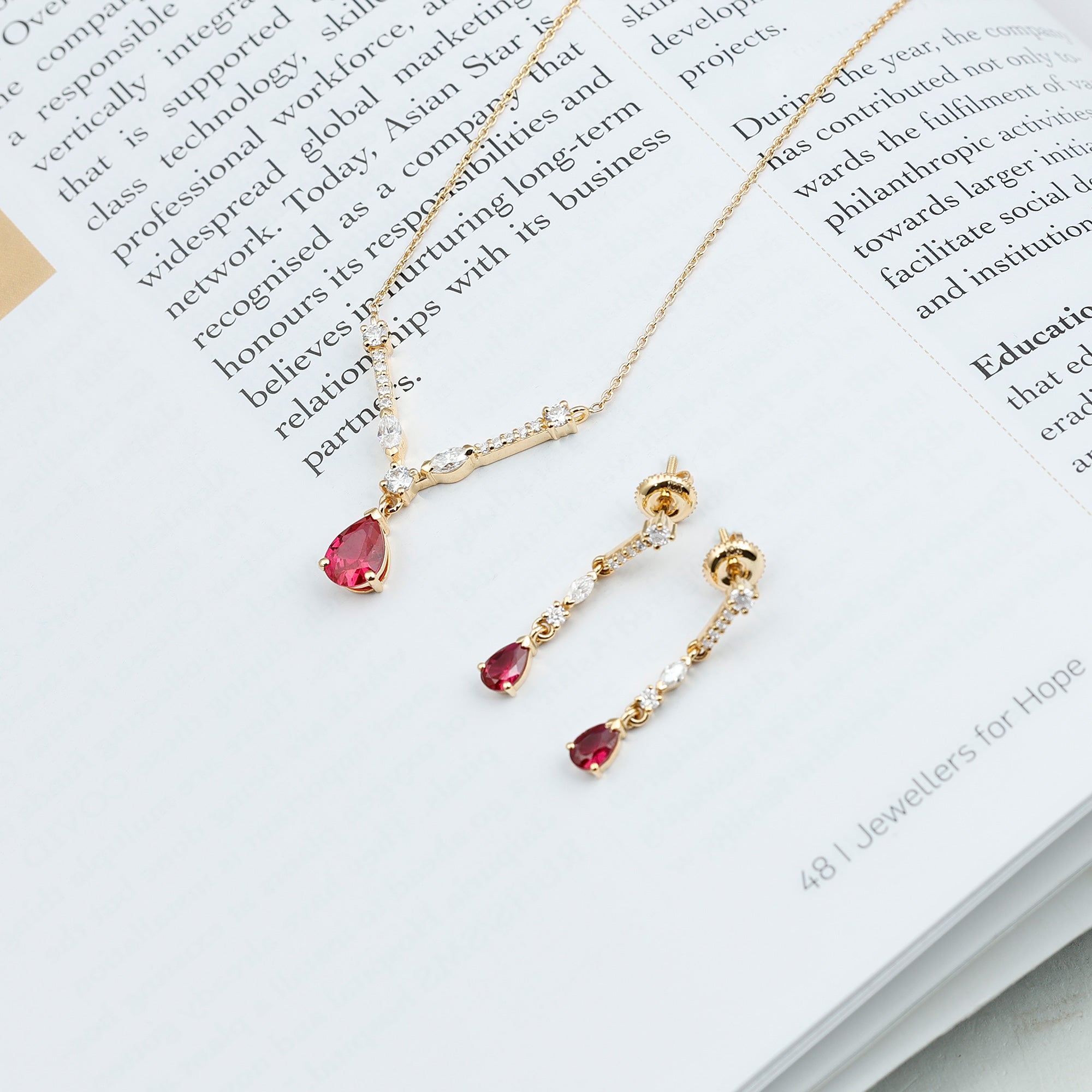 Lab Created Ruby and Moissanite Teardrop Necklace Earrings Set AAAA - Rosec Jewels