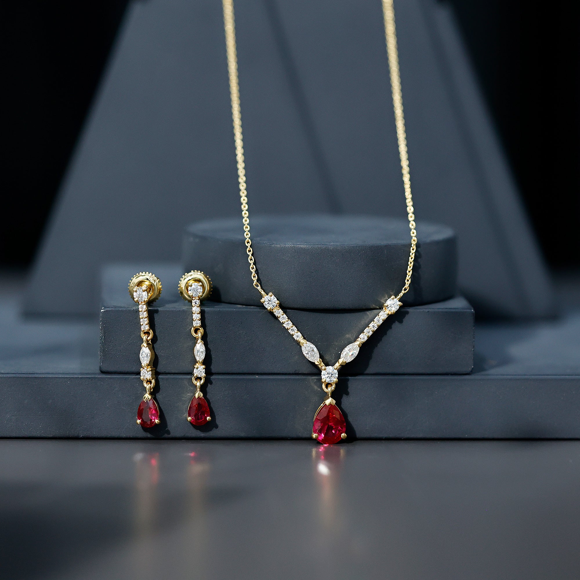 Lab Created Ruby and Moissanite Teardrop Necklace Earrings Set AAAA - Rosec Jewels