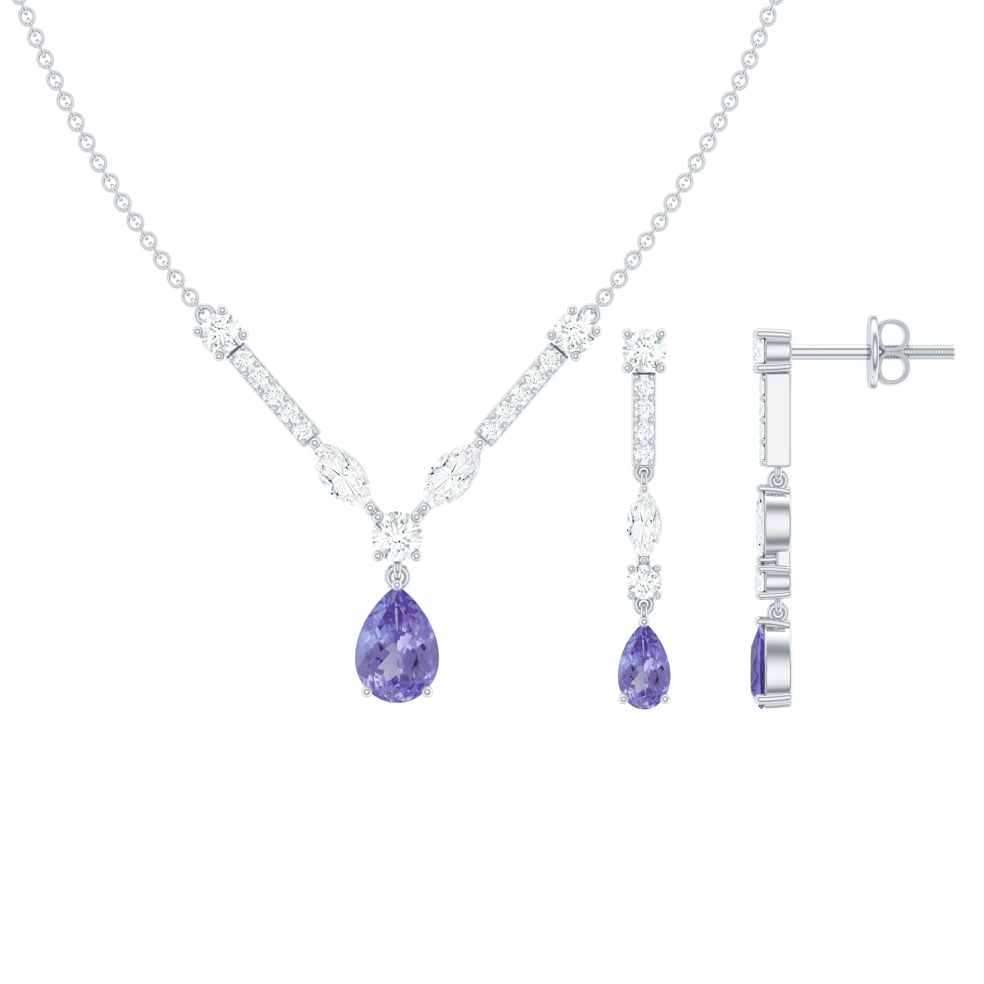 Tanzanite and Moissanite Drop Necklace Earrings Set AAA - Rosec Jewels