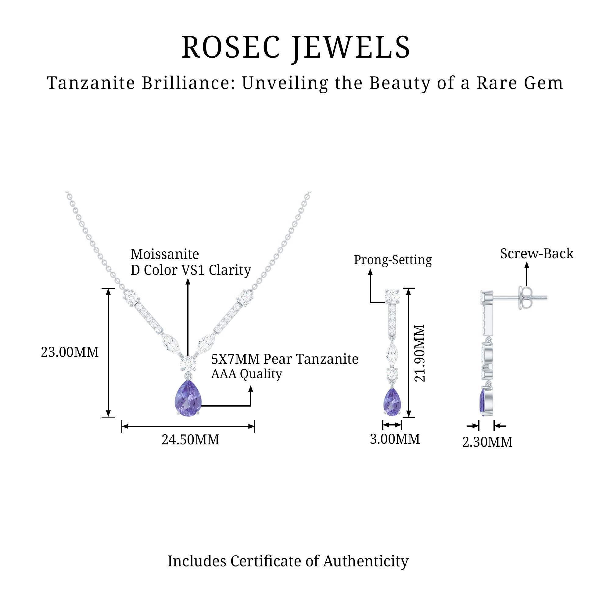 Tanzanite and Moissanite Drop Necklace Earrings Set AAA - Rosec Jewels