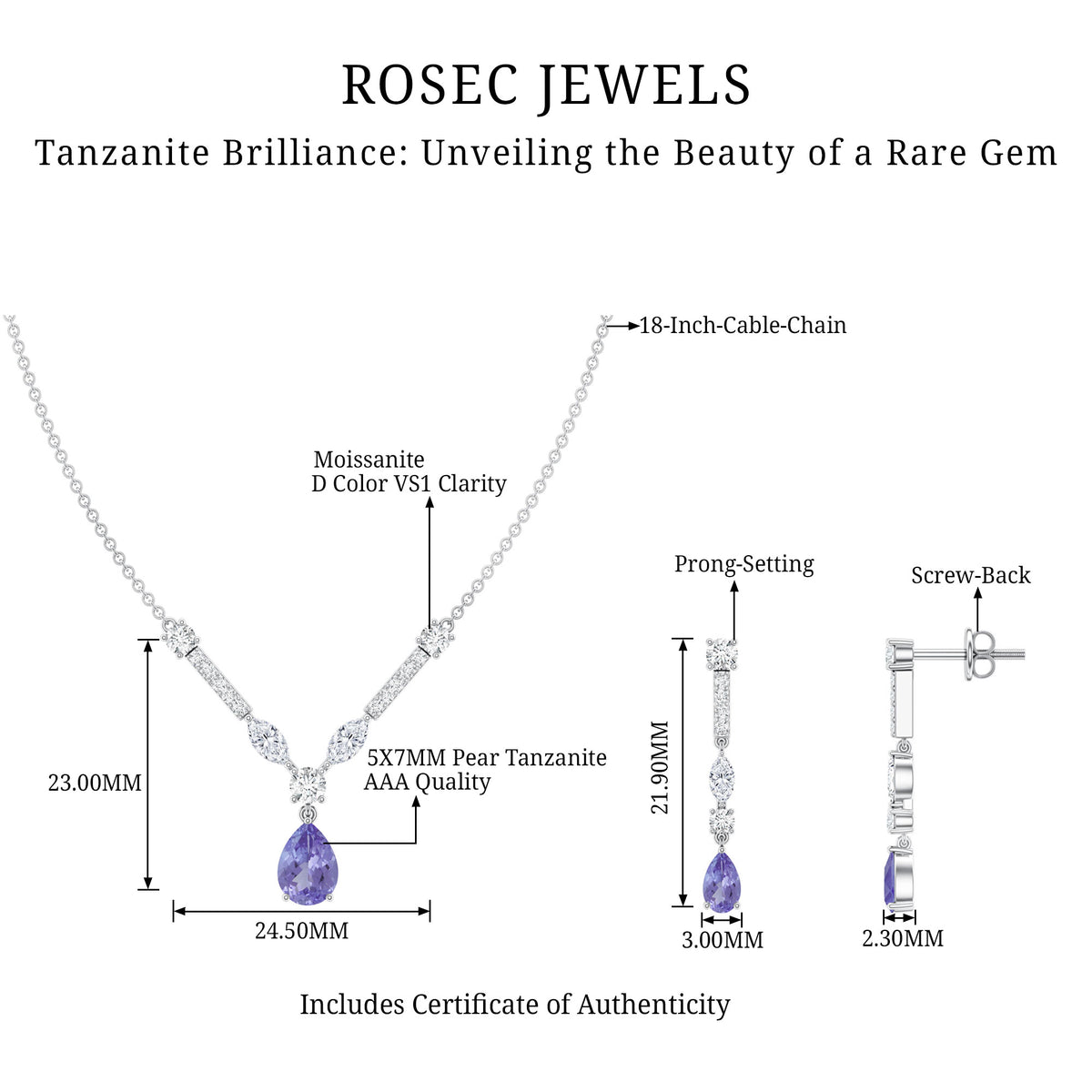 Tanzanite and Moissanite Drop Necklace Earrings Set AAA - Rosec Jewels