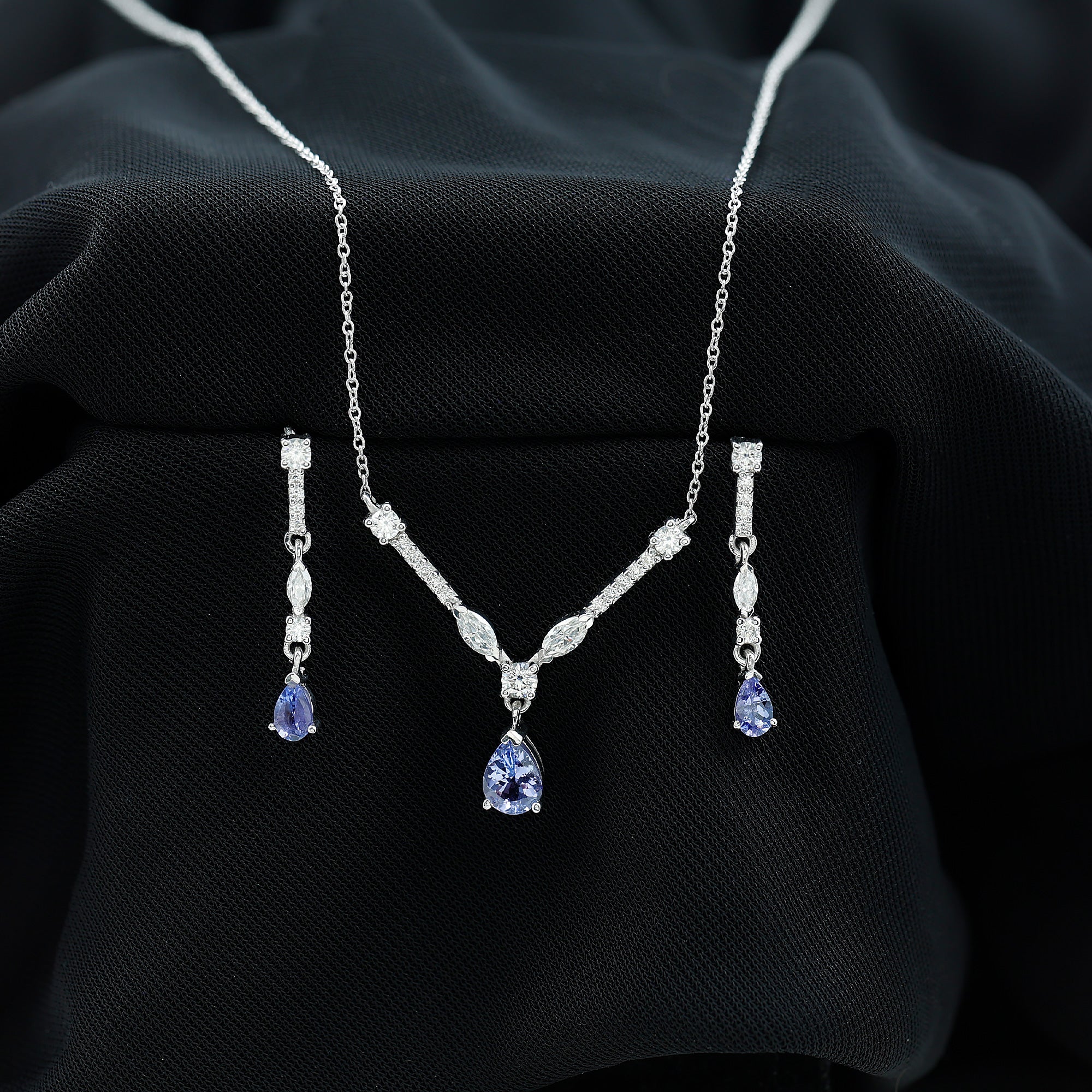 Tanzanite and Moissanite Drop Necklace Earrings Set AAA - Rosec Jewels