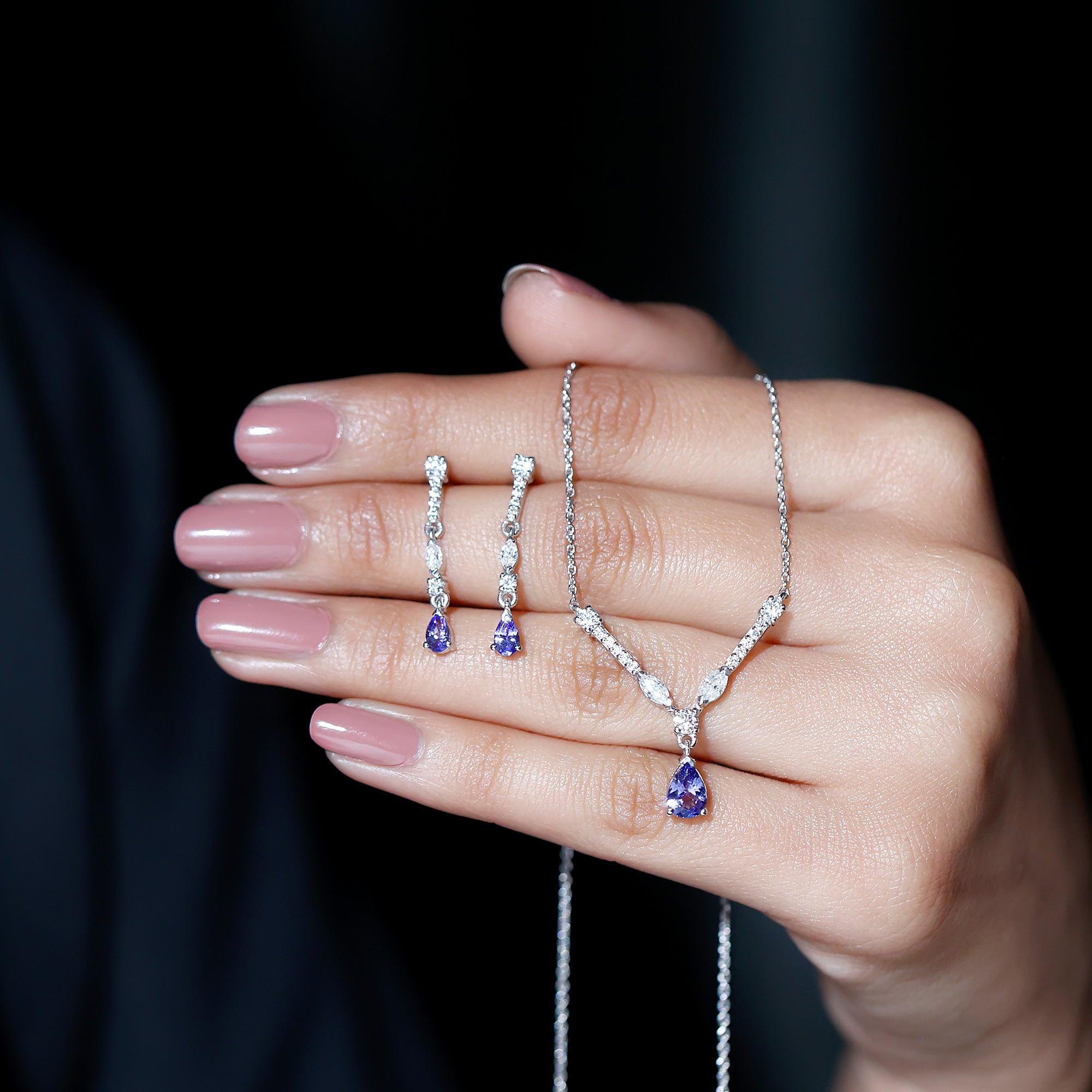 Tanzanite and Moissanite Drop Necklace Earrings Set AAA - Rosec Jewels