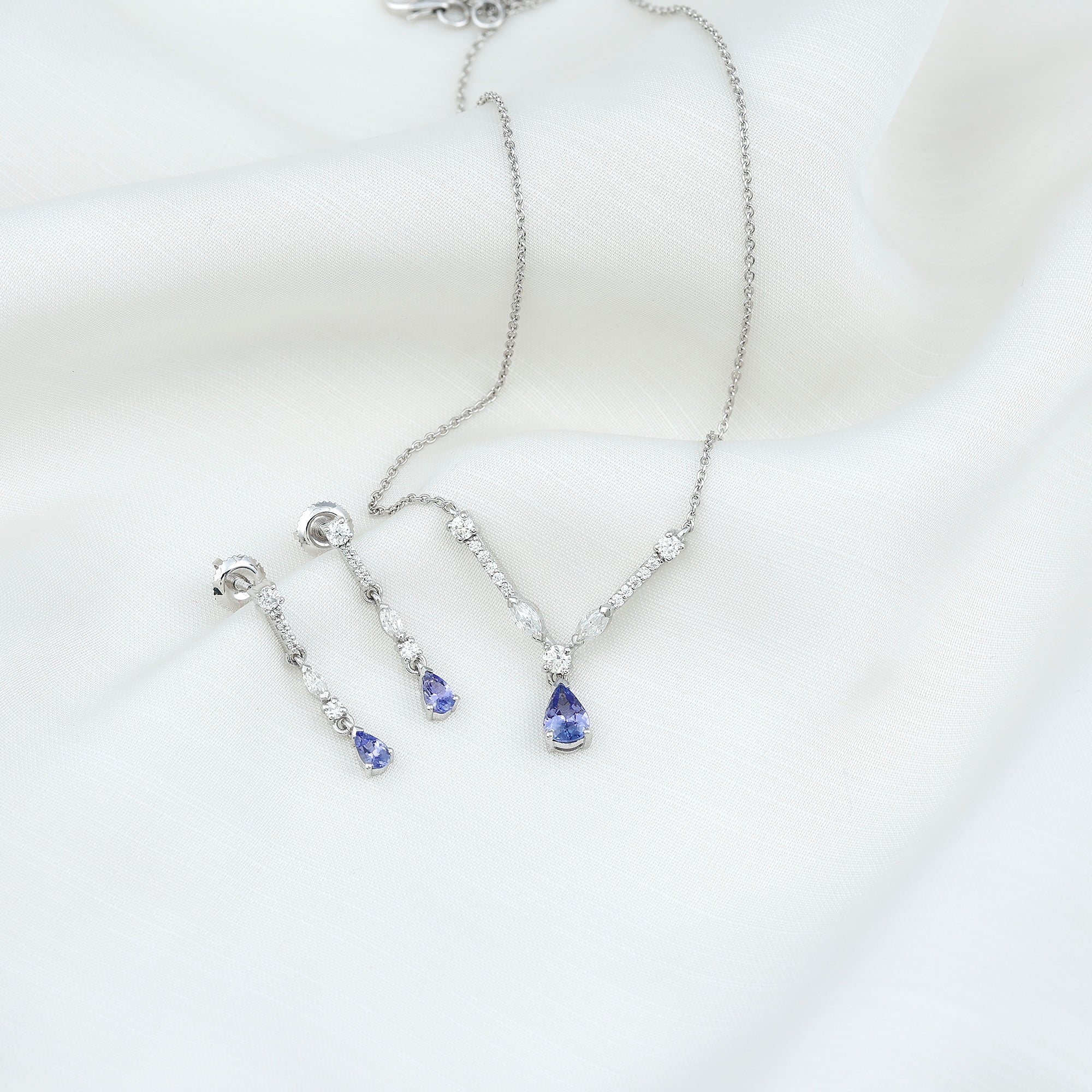 Tanzanite and Moissanite Drop Necklace Earrings Set AAA - Rosec Jewels