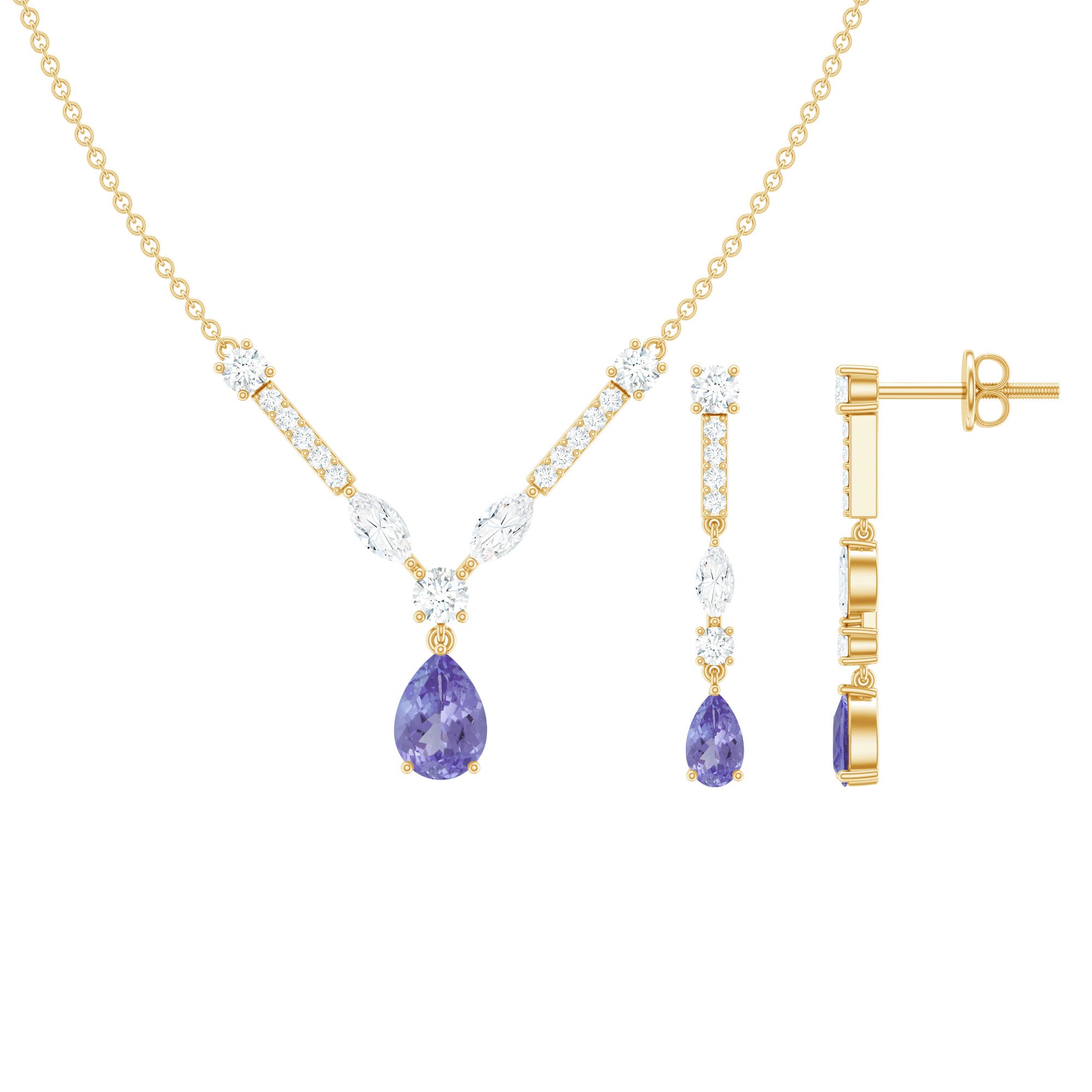 Tanzanite and Moissanite Drop Necklace Earrings Set AAA - Rosec Jewels