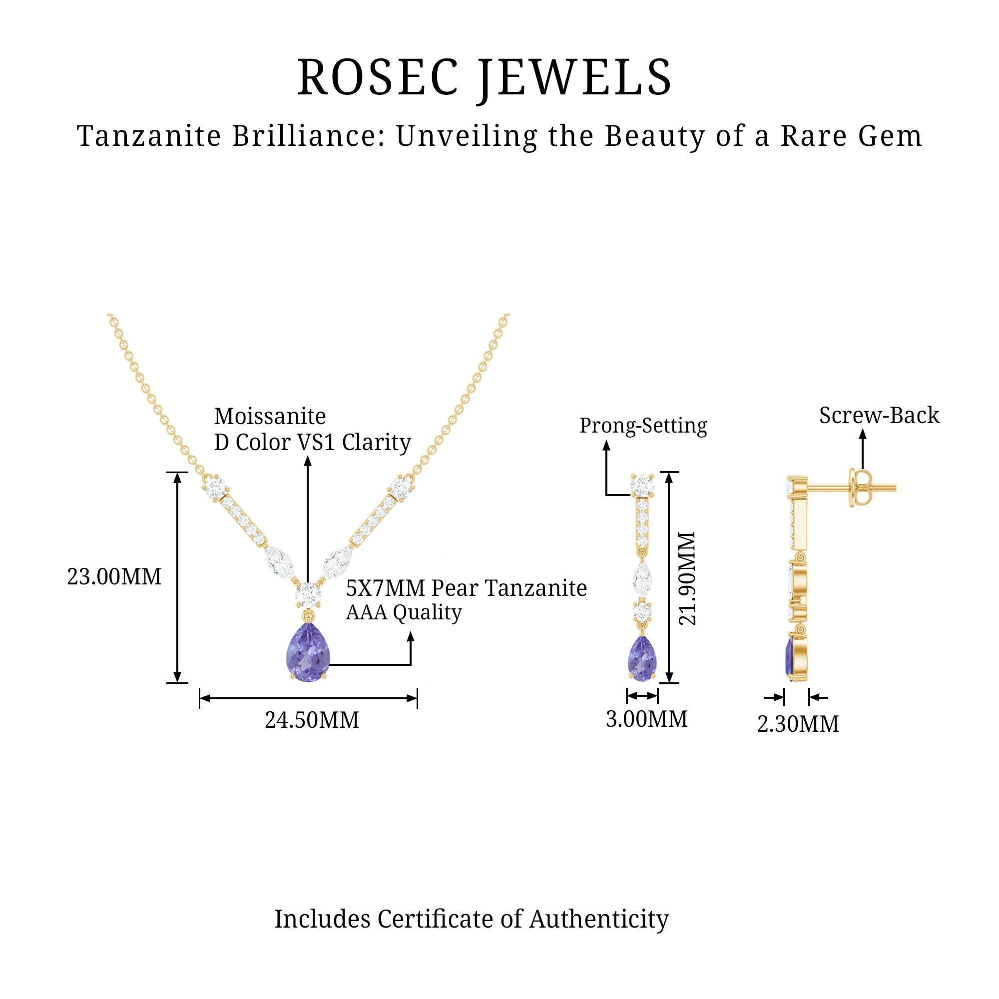 Tanzanite and Moissanite Drop Necklace Earrings Set AAA - Rosec Jewels