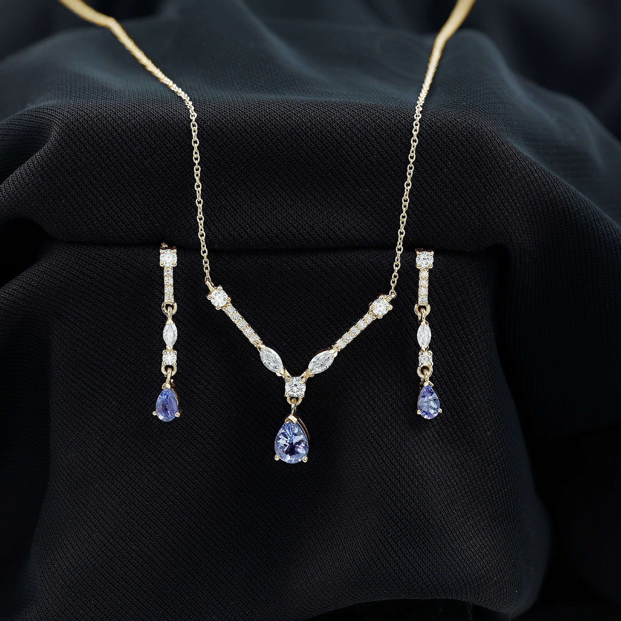 Tanzanite and Moissanite Drop Necklace Earrings Set AAA - Rosec Jewels