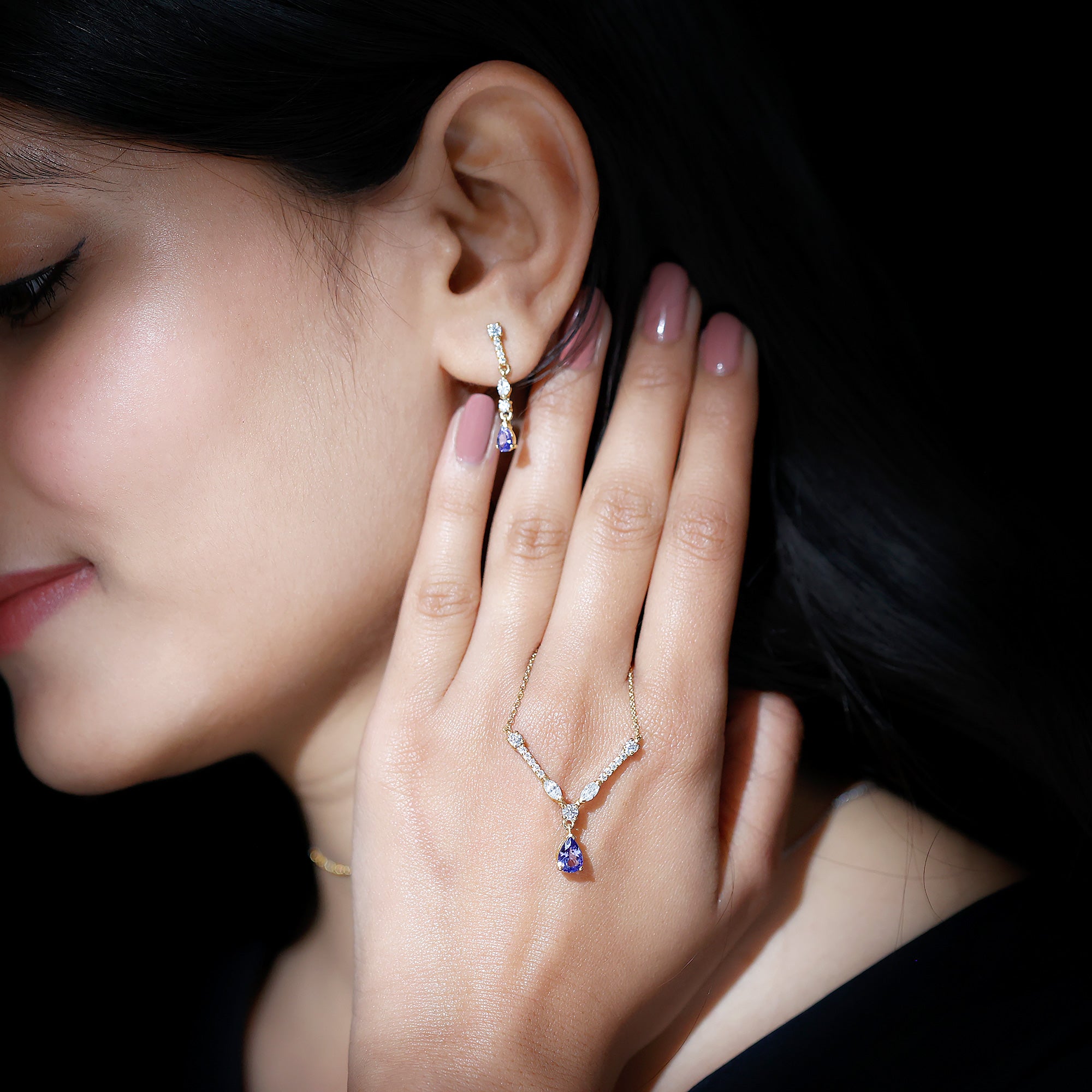Tanzanite and Moissanite Drop Necklace Earrings Set AAA - Rosec Jewels