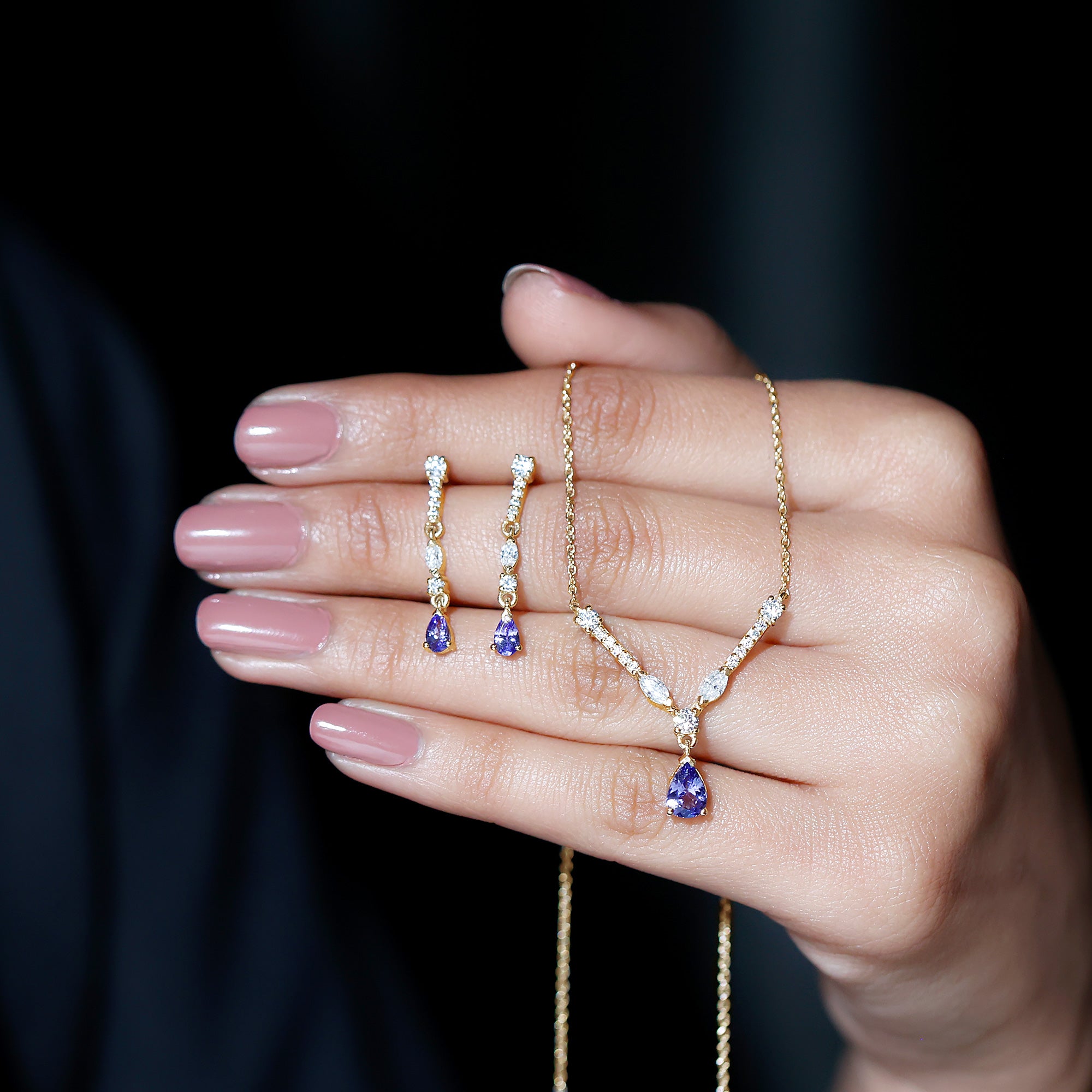 Tanzanite and Moissanite Drop Necklace Earrings Set AAA - Rosec Jewels