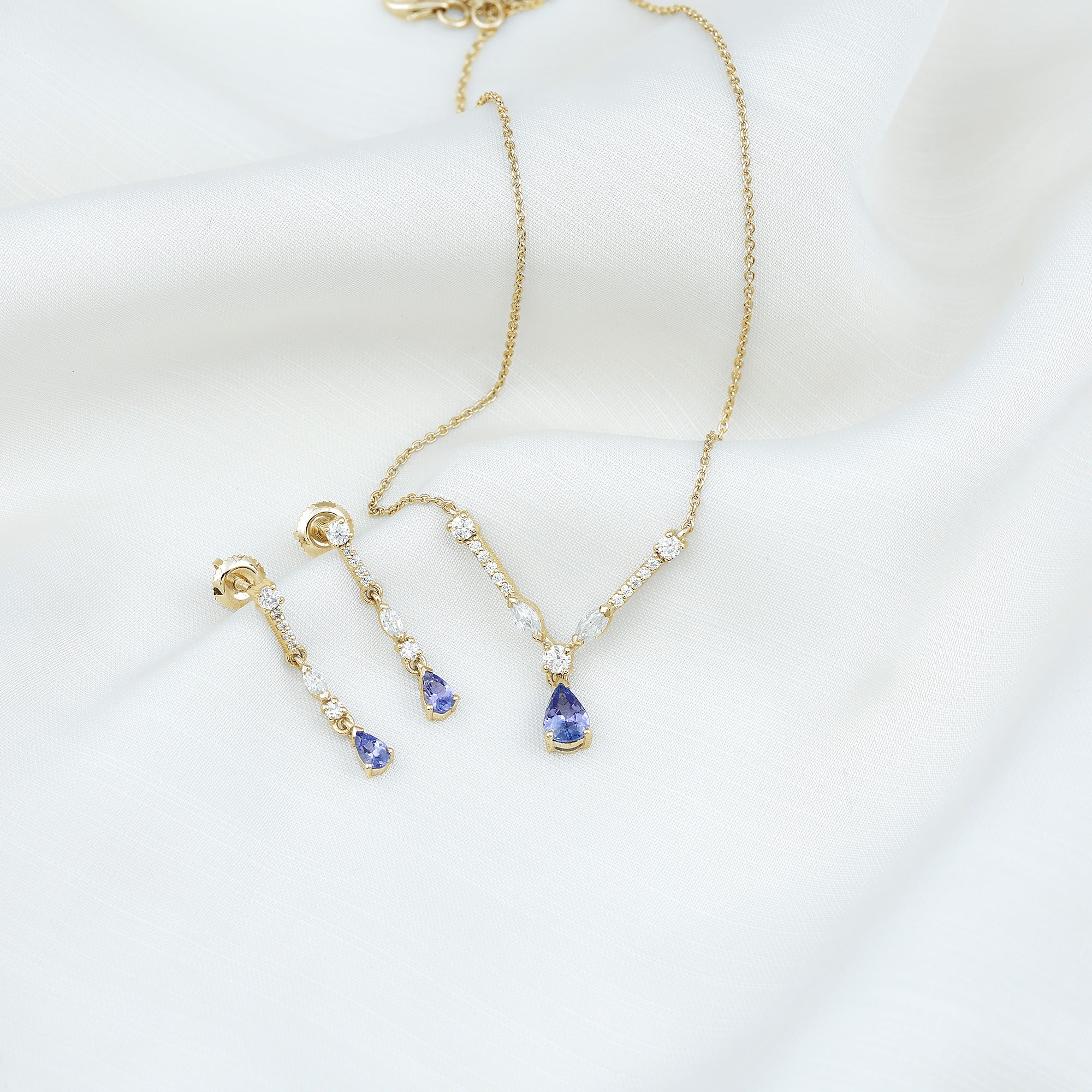 Tanzanite and Moissanite Drop Necklace Earrings Set AAA - Rosec Jewels