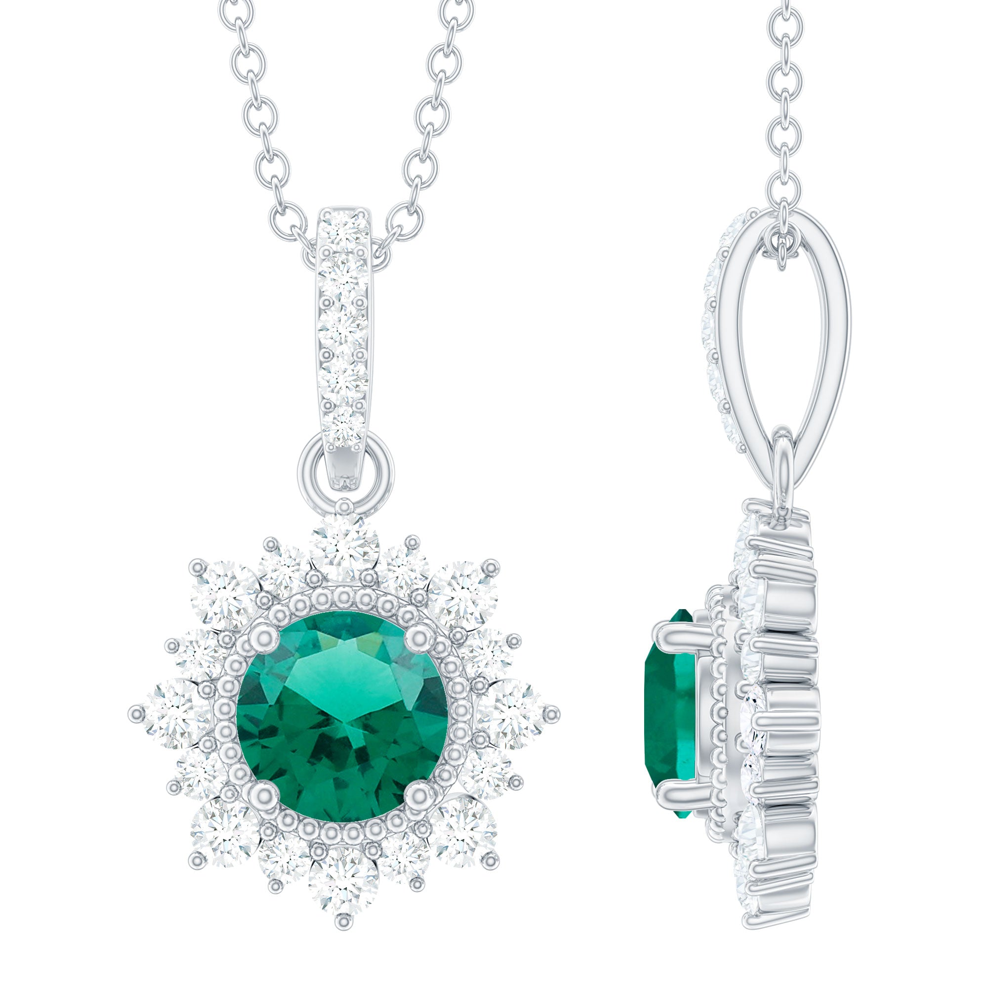 Round Created Emerald Halo Pendant with Diamond Accent Bail