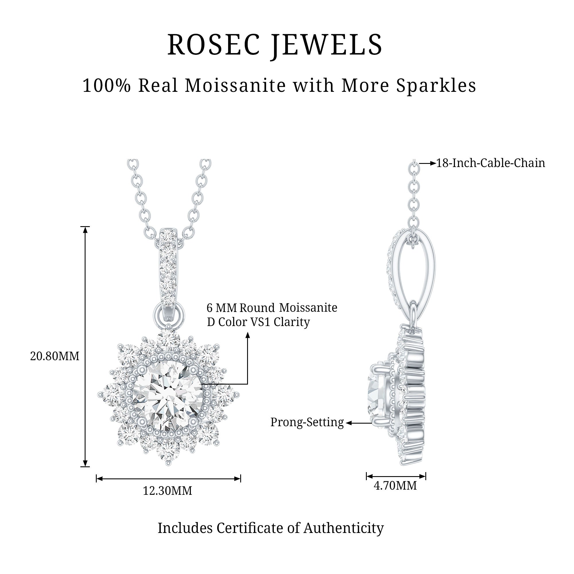 Round Moissanite Halo Necklace with Beaded Detailing D-VS1 - Rosec Jewels
