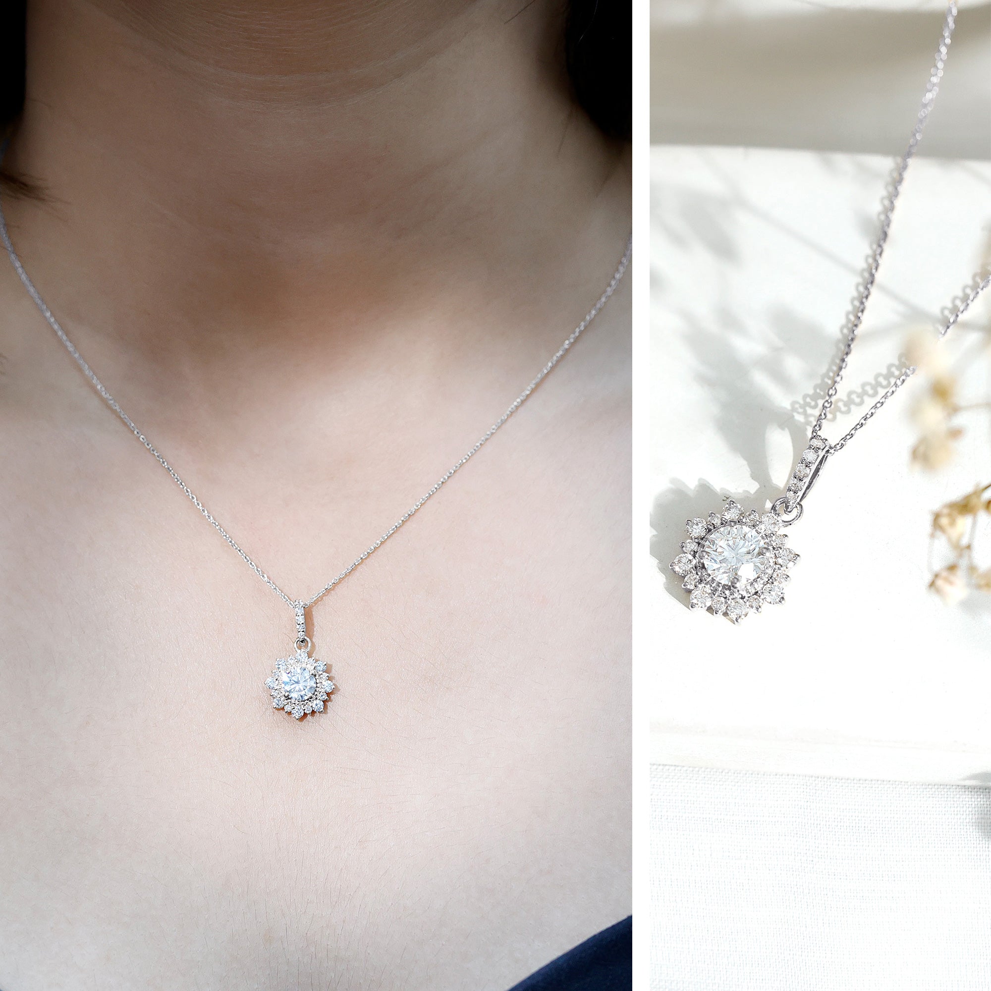 Round Moissanite Halo Necklace with Beaded Detailing D-VS1 - Rosec Jewels